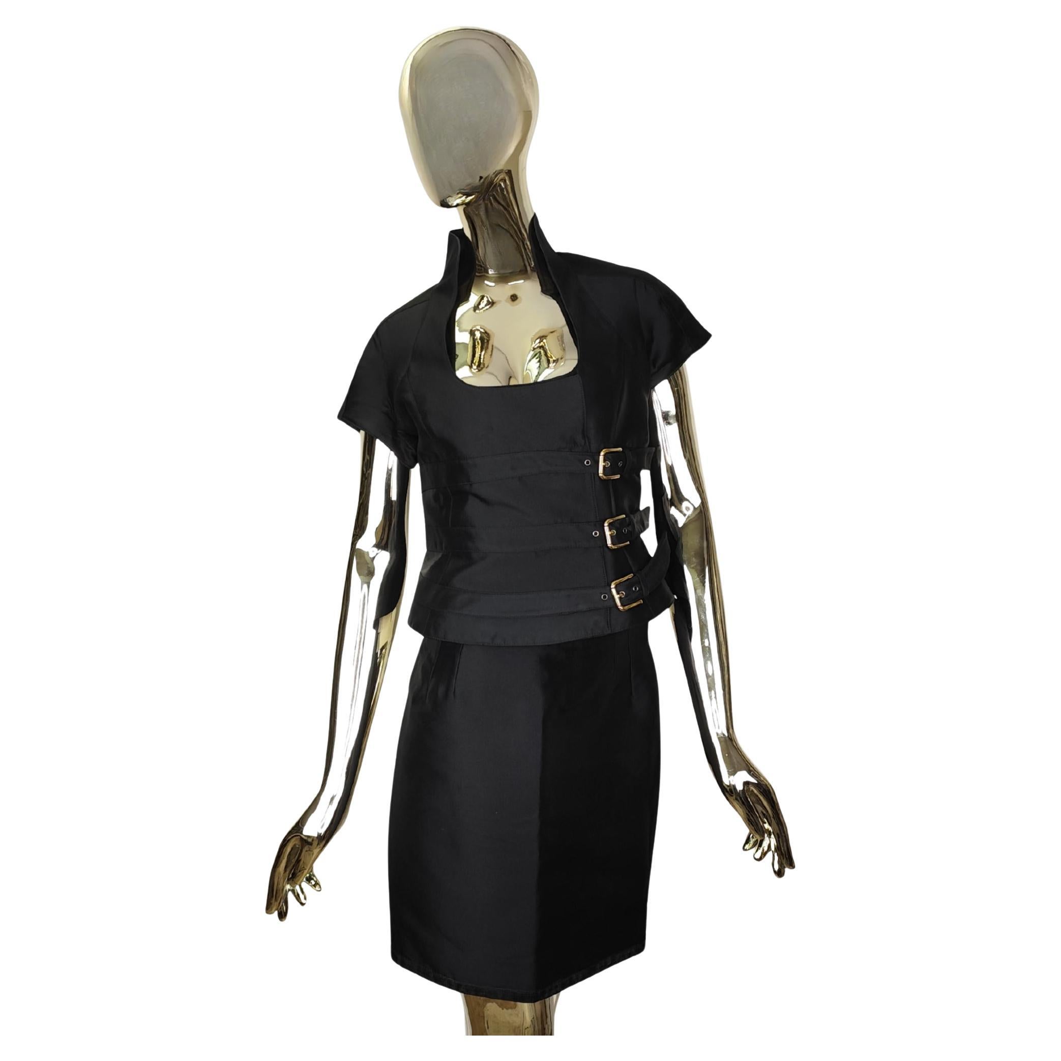 Dolce&Gabbana buckles corset top and skirt black silk set For Sale