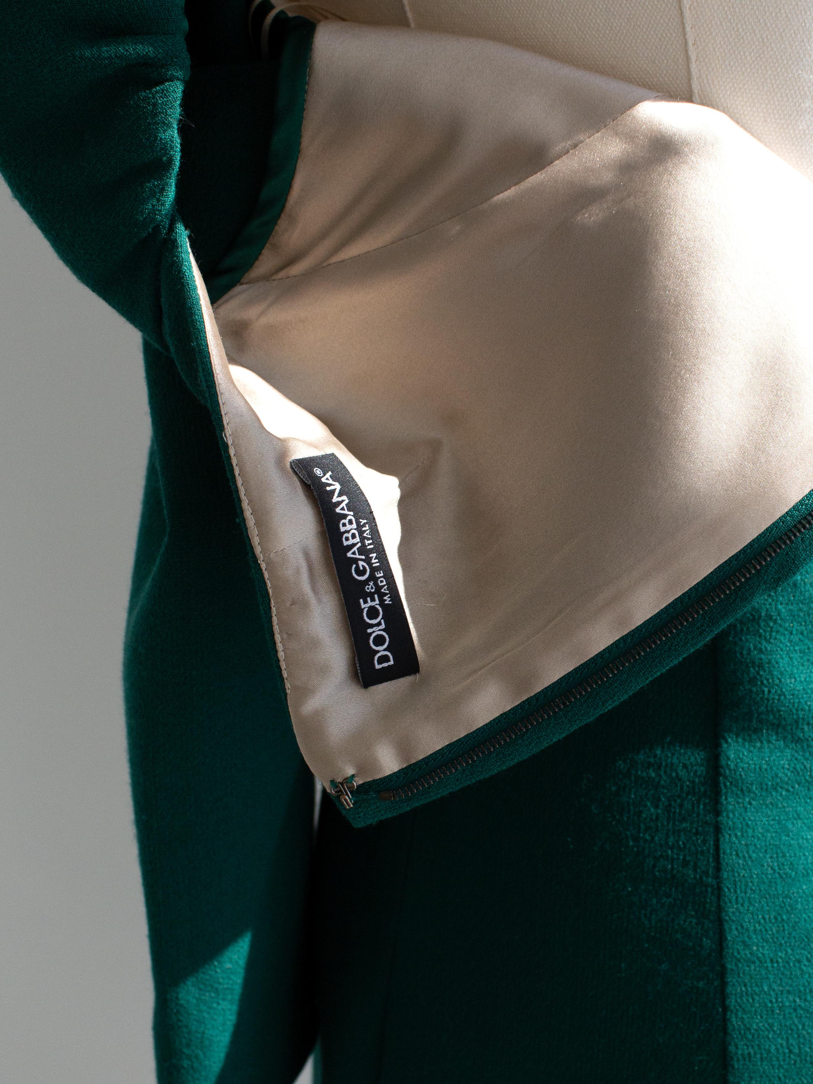 Dolce&Gabbana Emerald Green Square Neck Wool Pencil Midi Dress For Sale 8