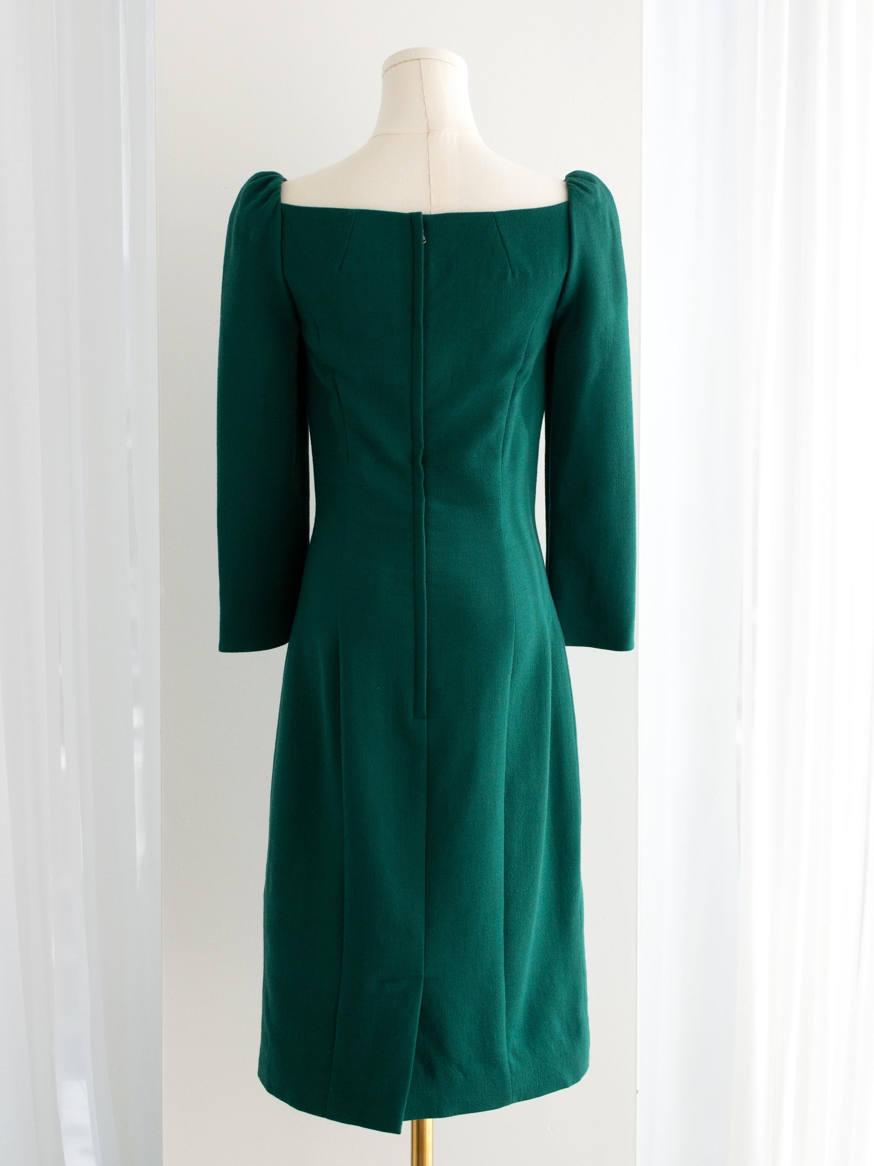 Dolce&Gabbana Emerald Green Square Neck Wool Pencil Midi Dress For Sale 10