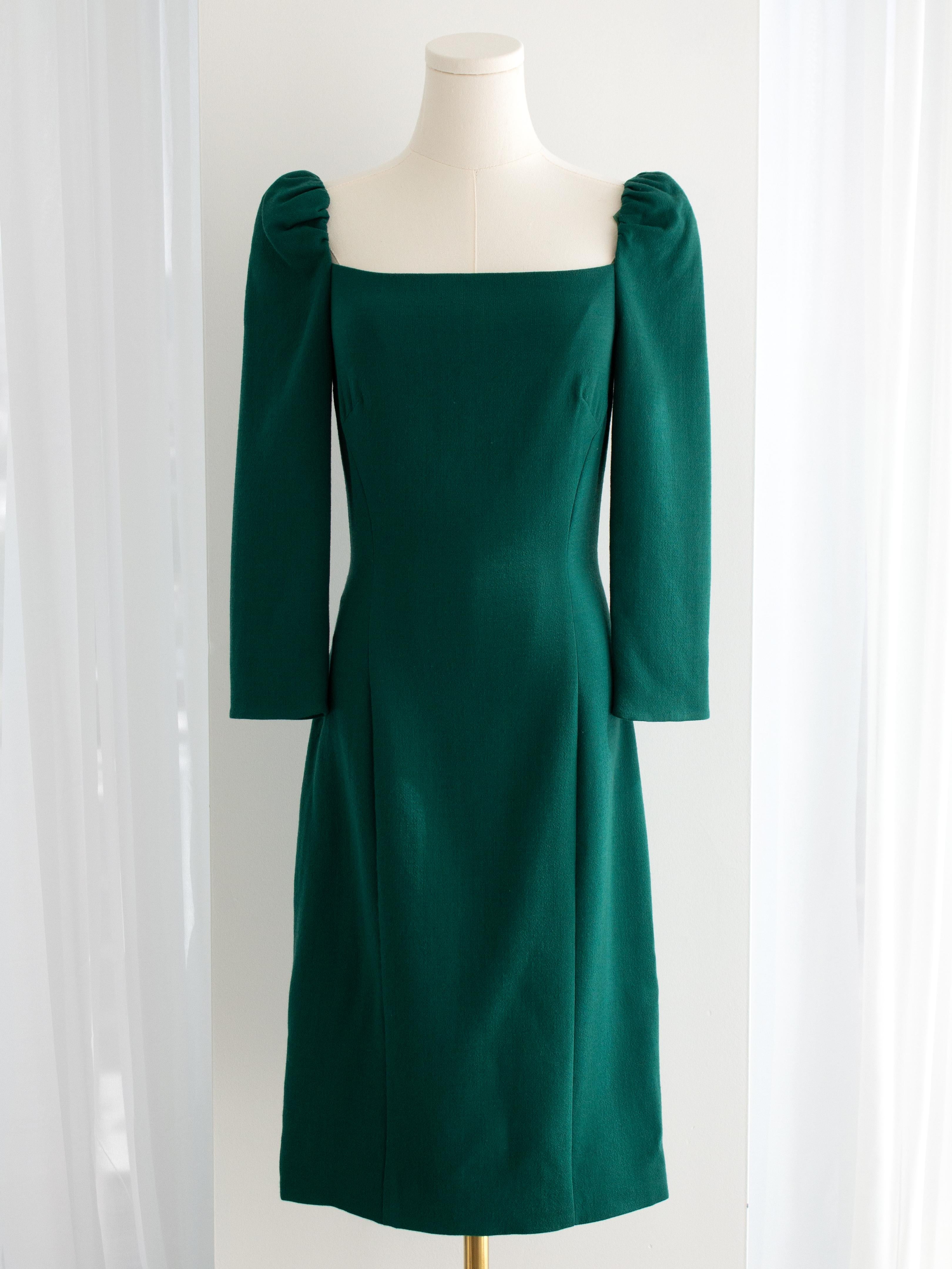 Dolce&Gabbana Emerald Green Square Neck Wool Pencil Midi Dress For Sale 1