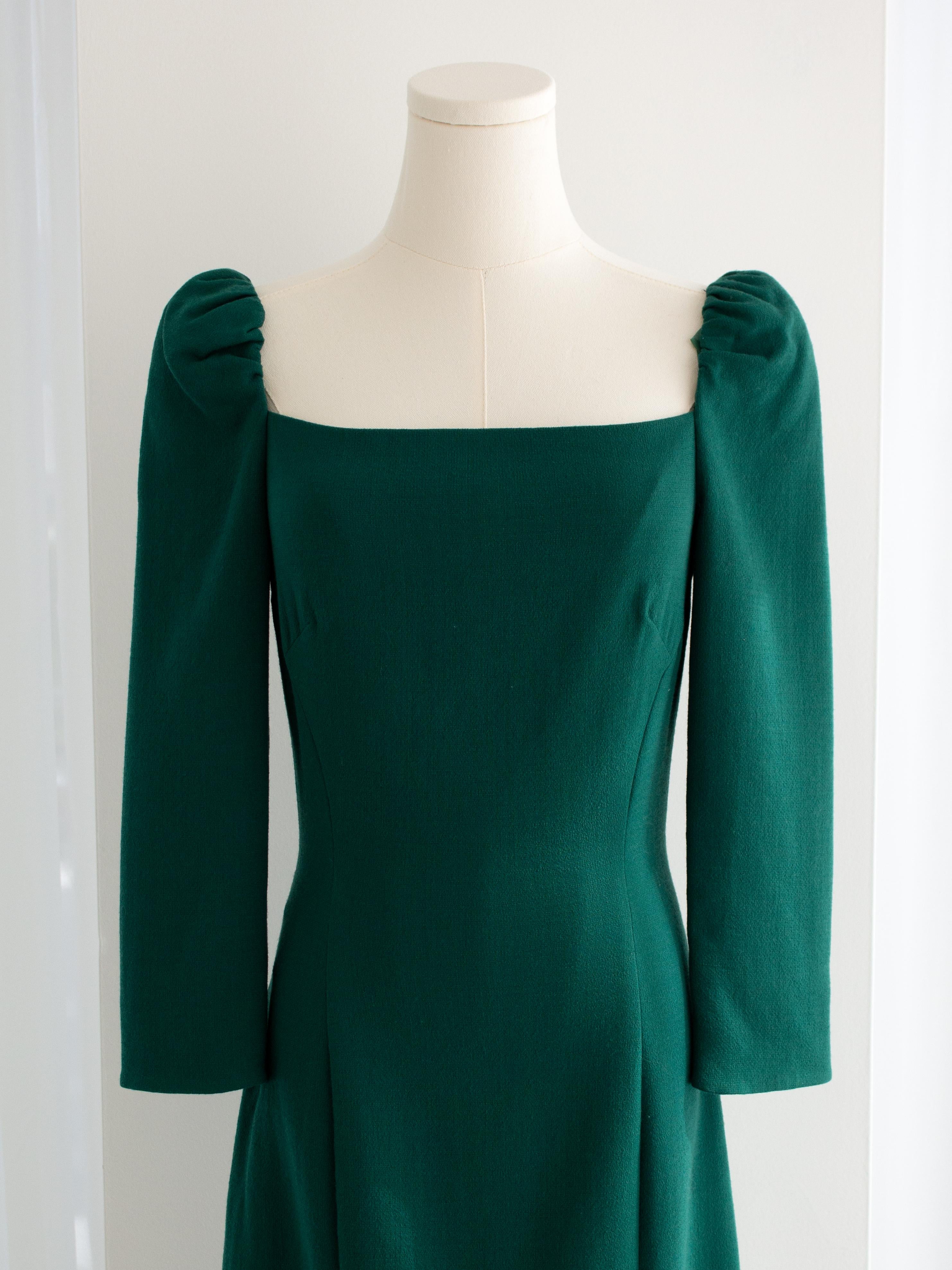 Dolce&Gabbana Emerald Green Square Neck Wool Pencil Midi Dress For Sale 2
