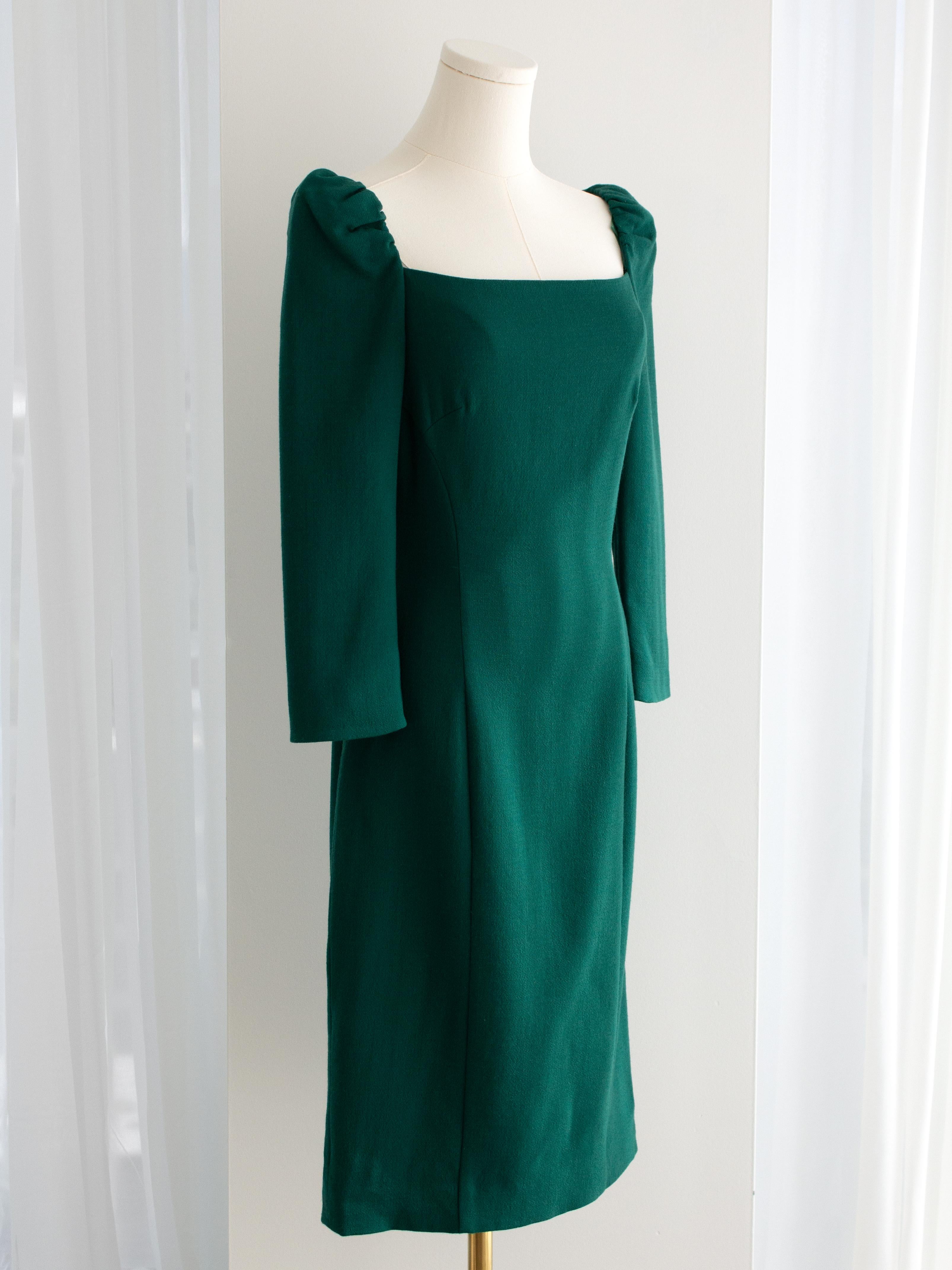 Dolce&Gabbana Emerald Green Square Neck Wool Pencil Midi Dress For Sale 3