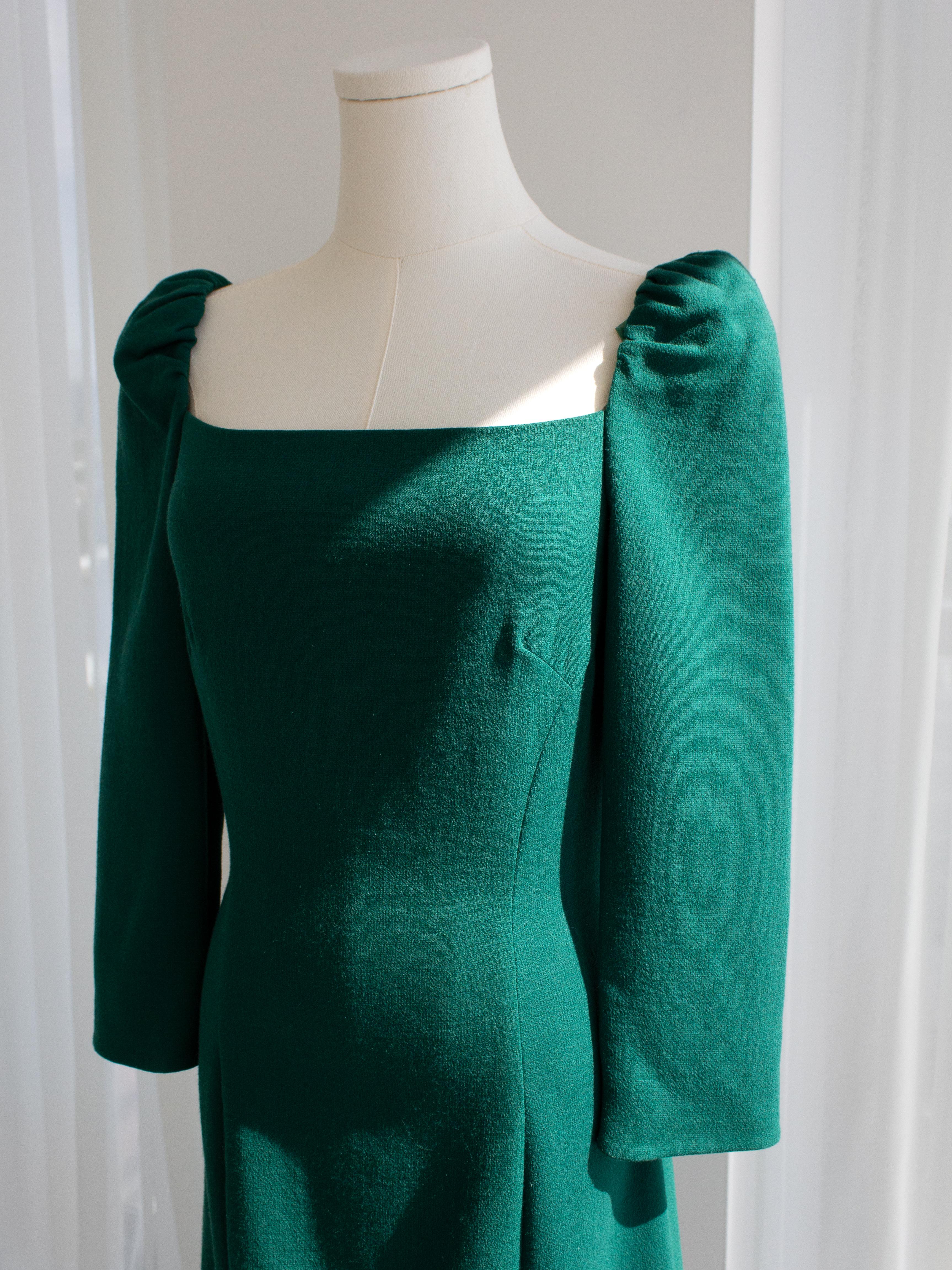 Dolce&Gabbana Emerald Green Square Neck Wool Pencil Midi Dress For Sale 4