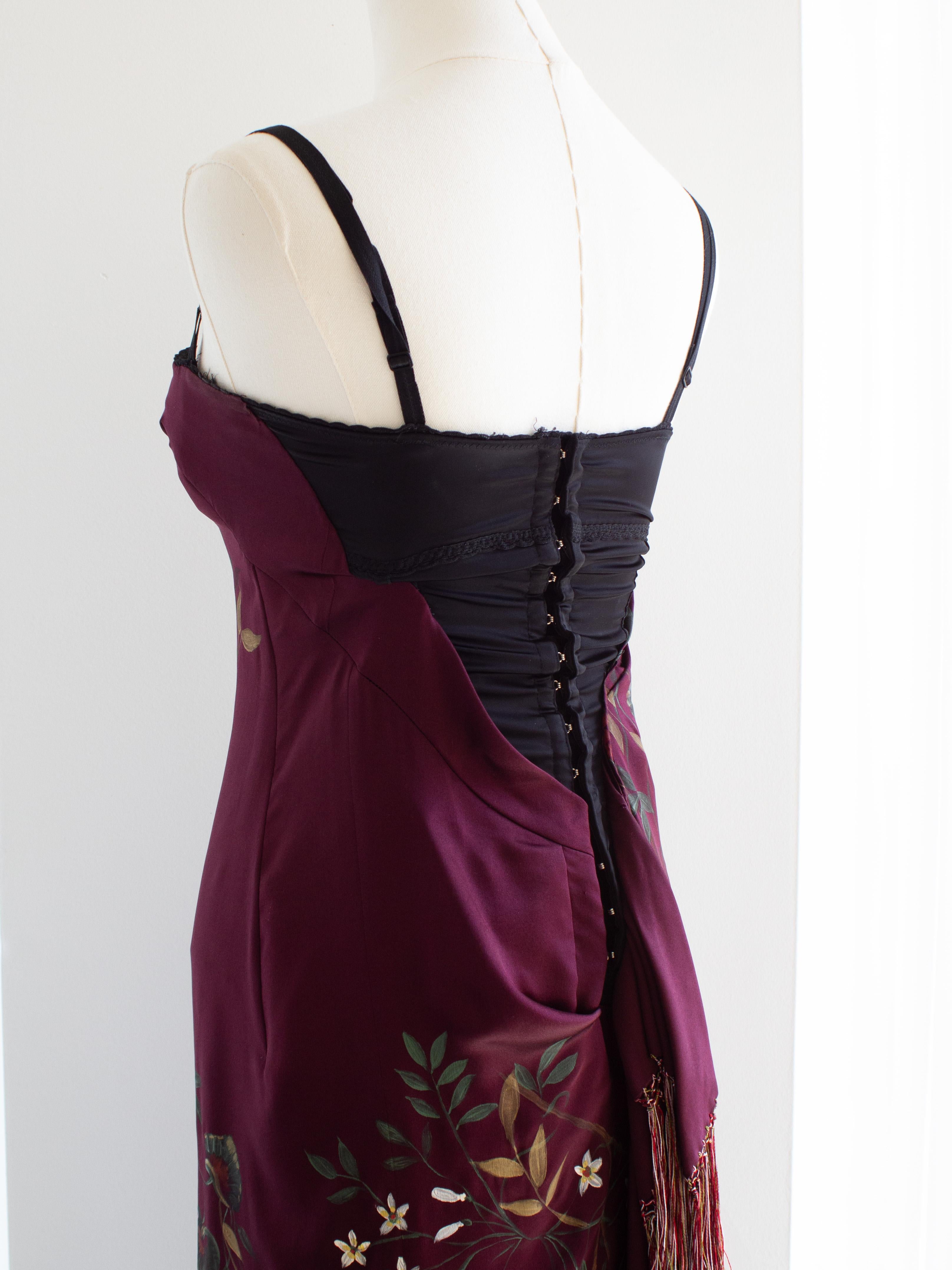 Dolce&Gabbana F/W 1998 Handpainted Burgundy Fringe Floral Silk Dress 6