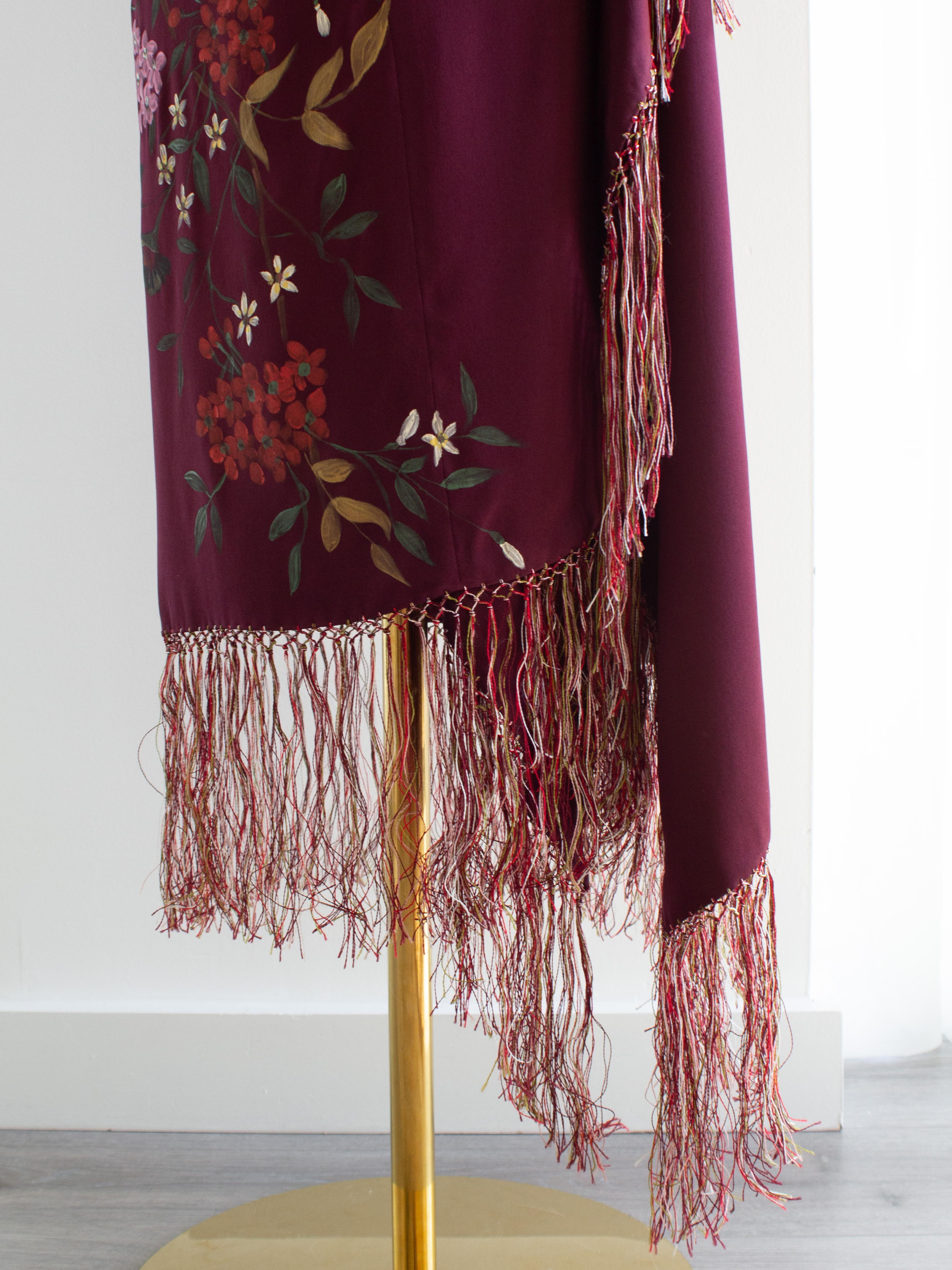 Dolce&Gabbana F/W 1998 Handpainted Burgundy Fringe Floral Silk Dress 7