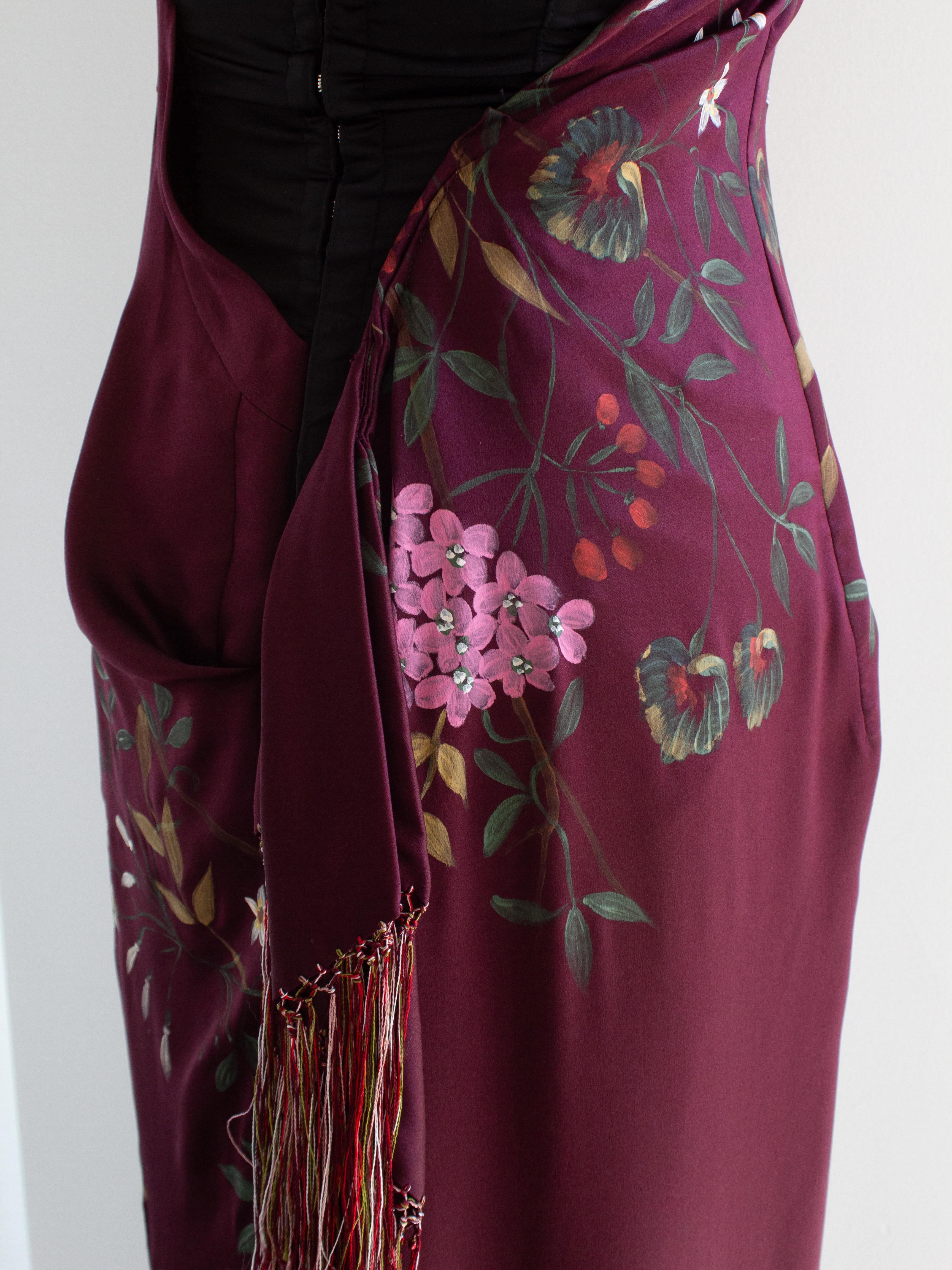 Dolce&Gabbana F/W 1998 Handpainted Burgundy Fringe Floral Silk Dress 8