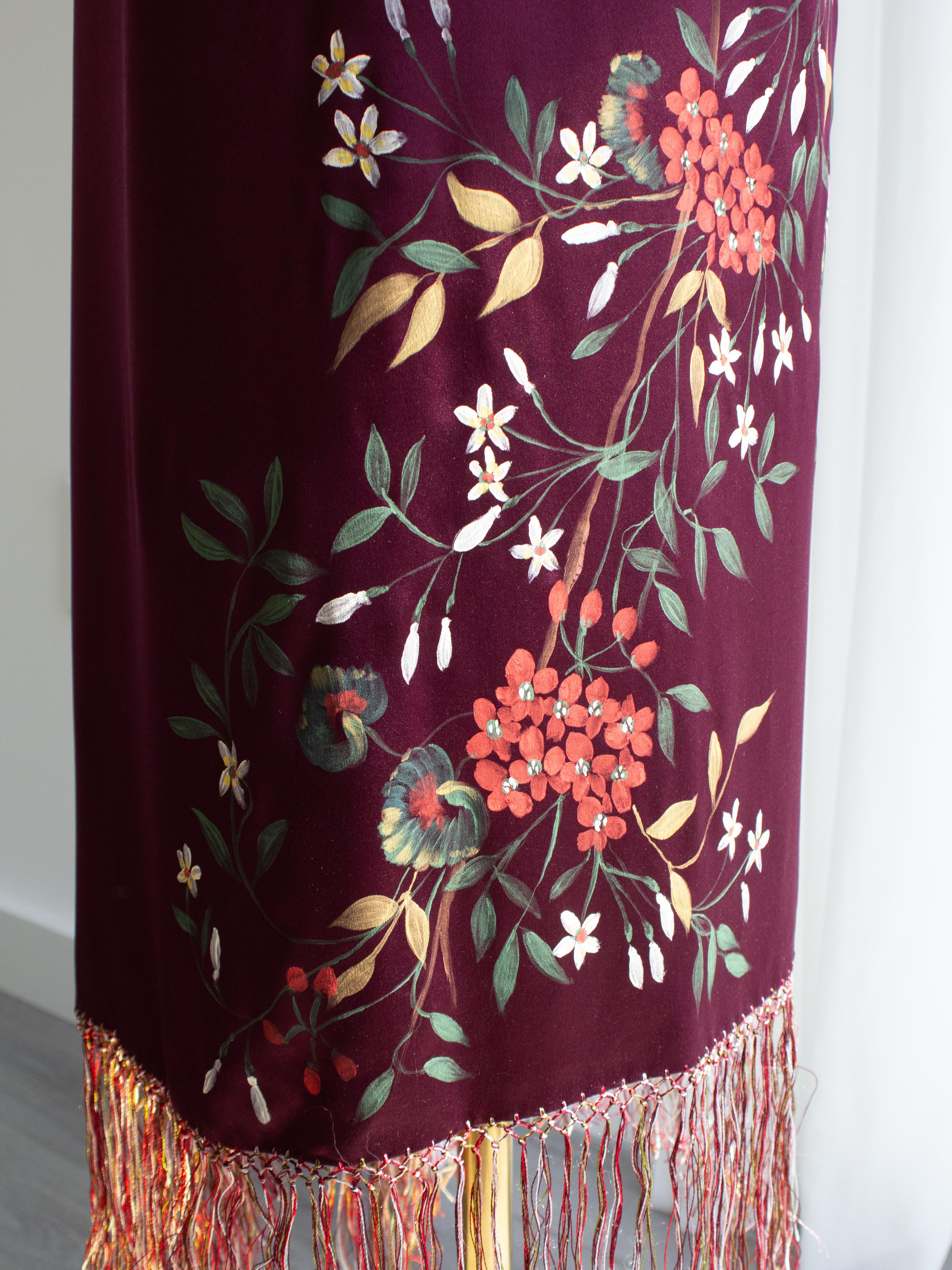 Dolce&Gabbana F/W 1998 Handpainted Burgundy Fringe Floral Silk Dress 9