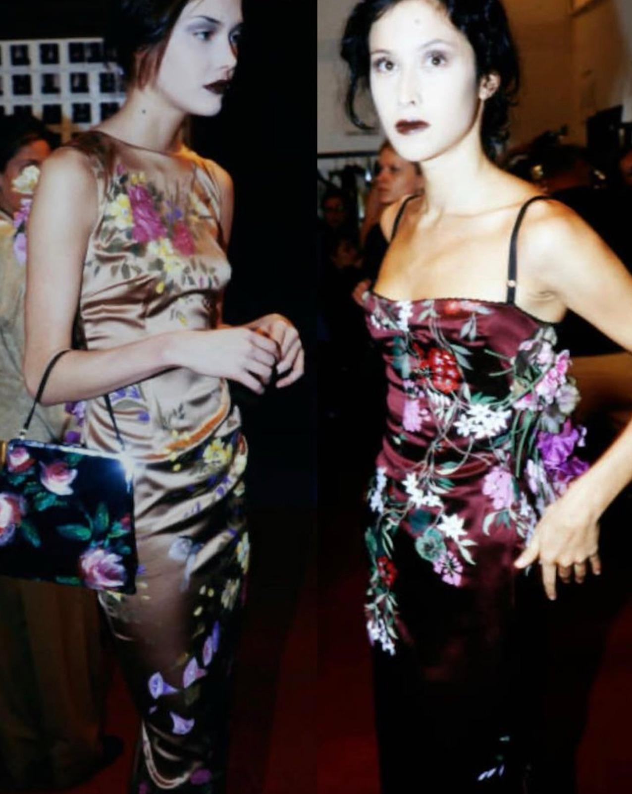 Black Dolce&Gabbana F/W 1998 Handpainted Burgundy Fringe Floral Silk Dress
