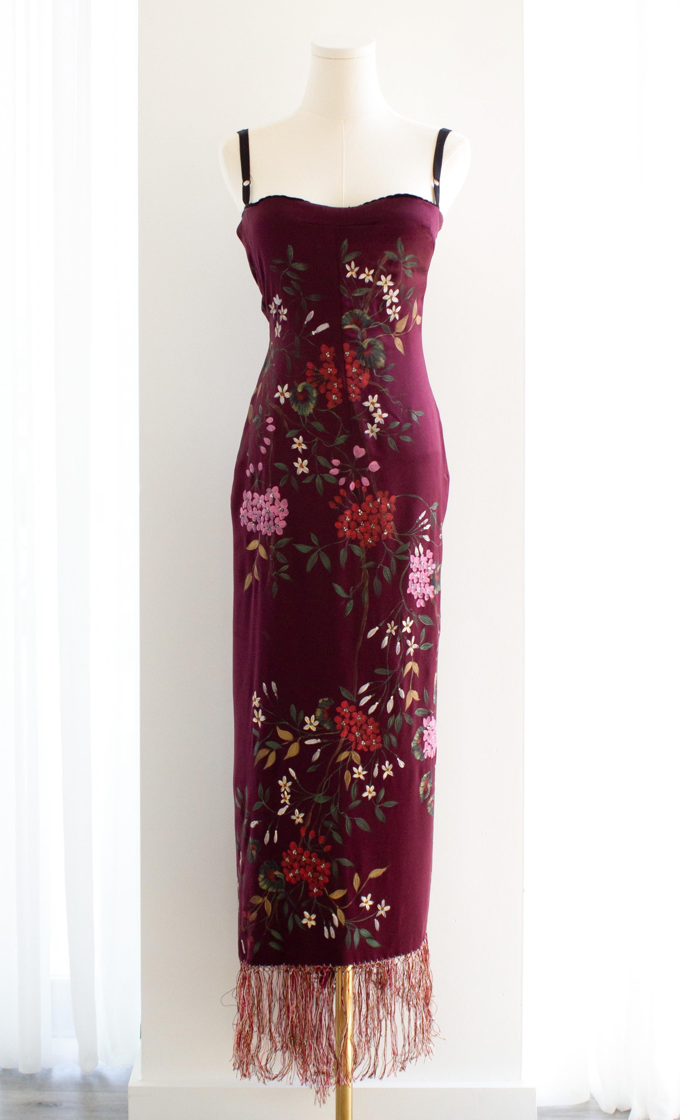 Women's Dolce&Gabbana F/W 1998 Handpainted Burgundy Fringe Floral Silk Dress