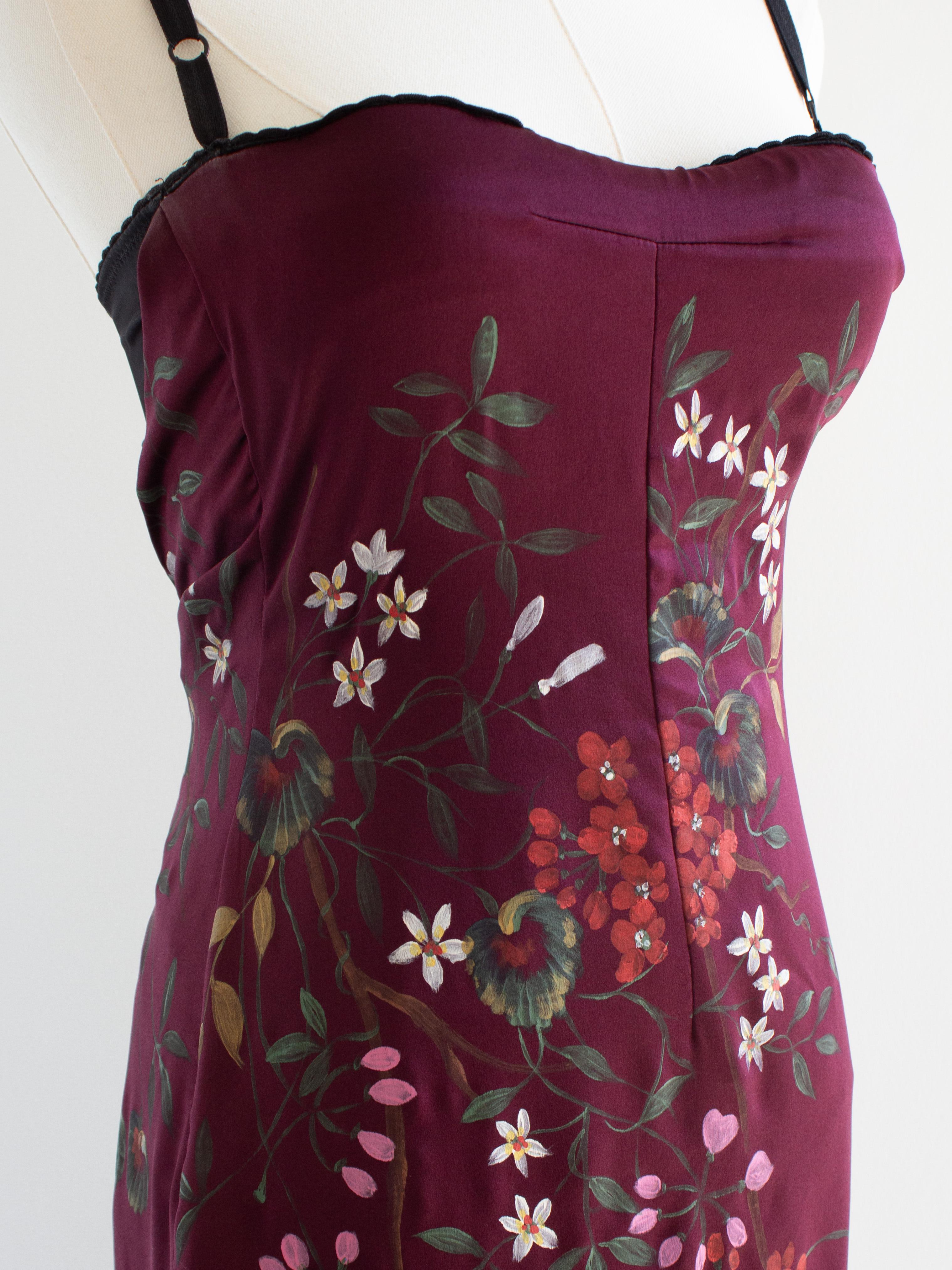 Dolce&Gabbana F/W 1998 Handpainted Burgundy Fringe Floral Silk Dress 1