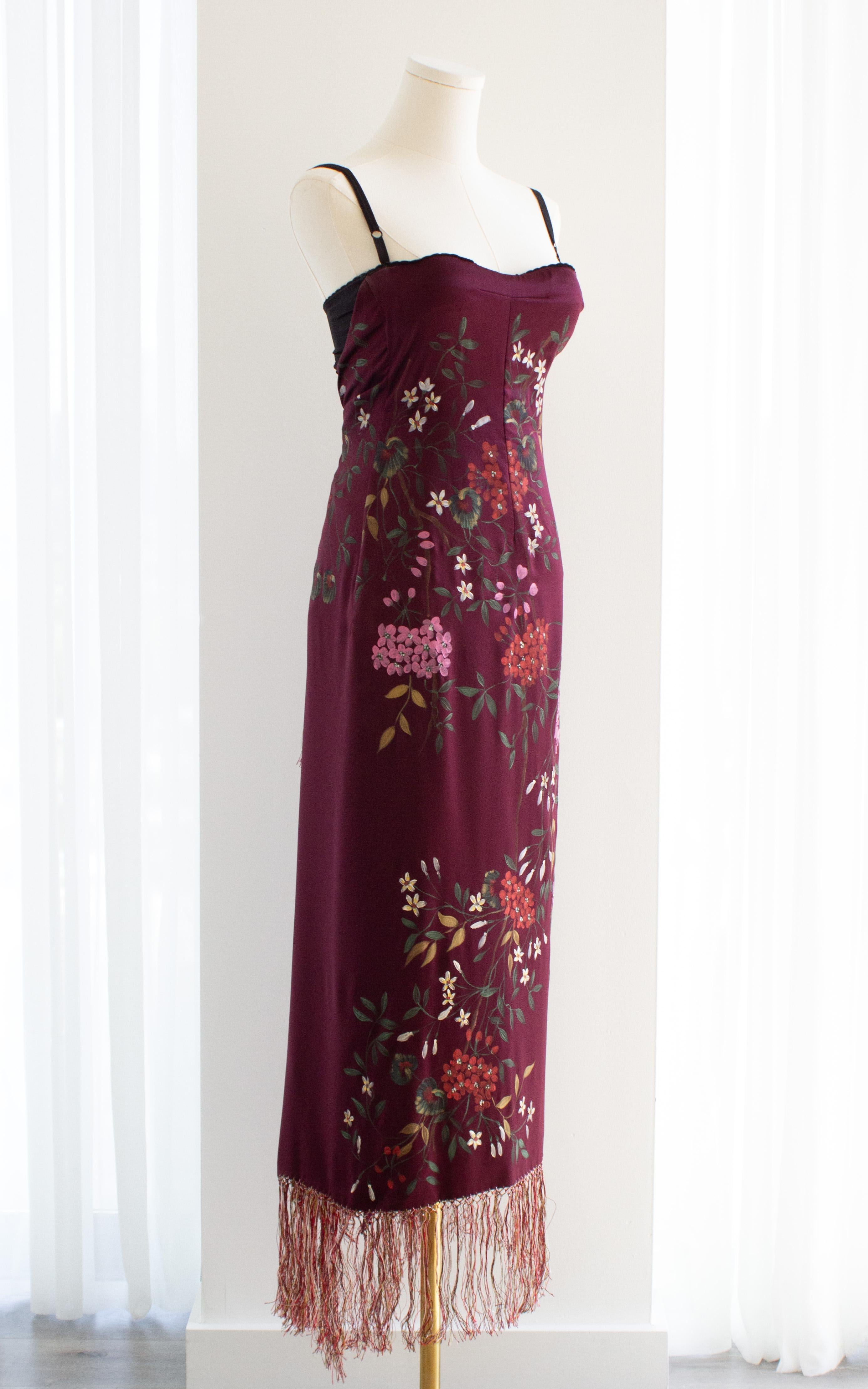 Dolce&Gabbana F/W 1998 Handpainted Burgundy Fringe Floral Silk Dress 2