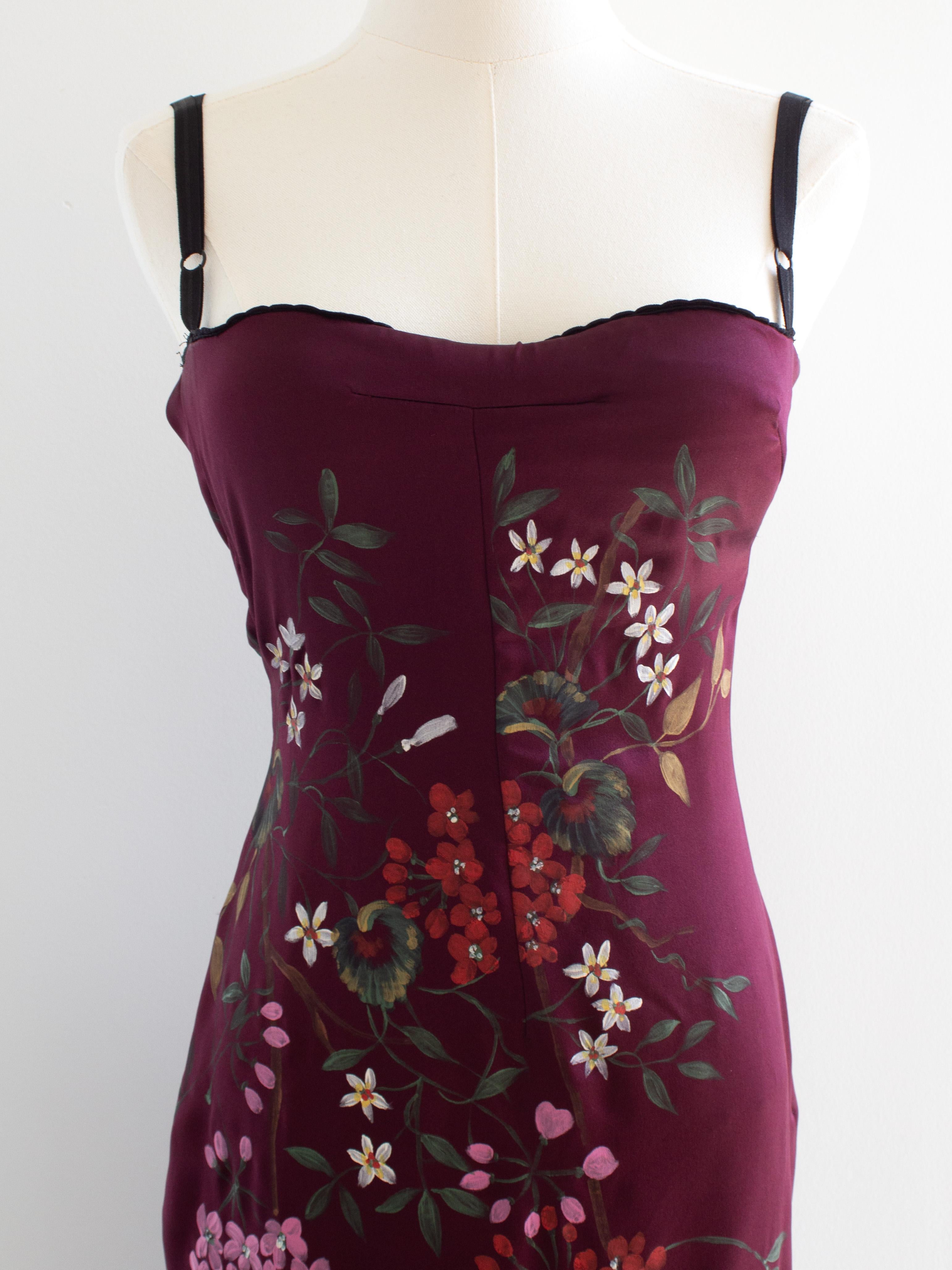 Dolce&Gabbana F/W 1998 Handpainted Burgundy Fringe Floral Silk Dress 3