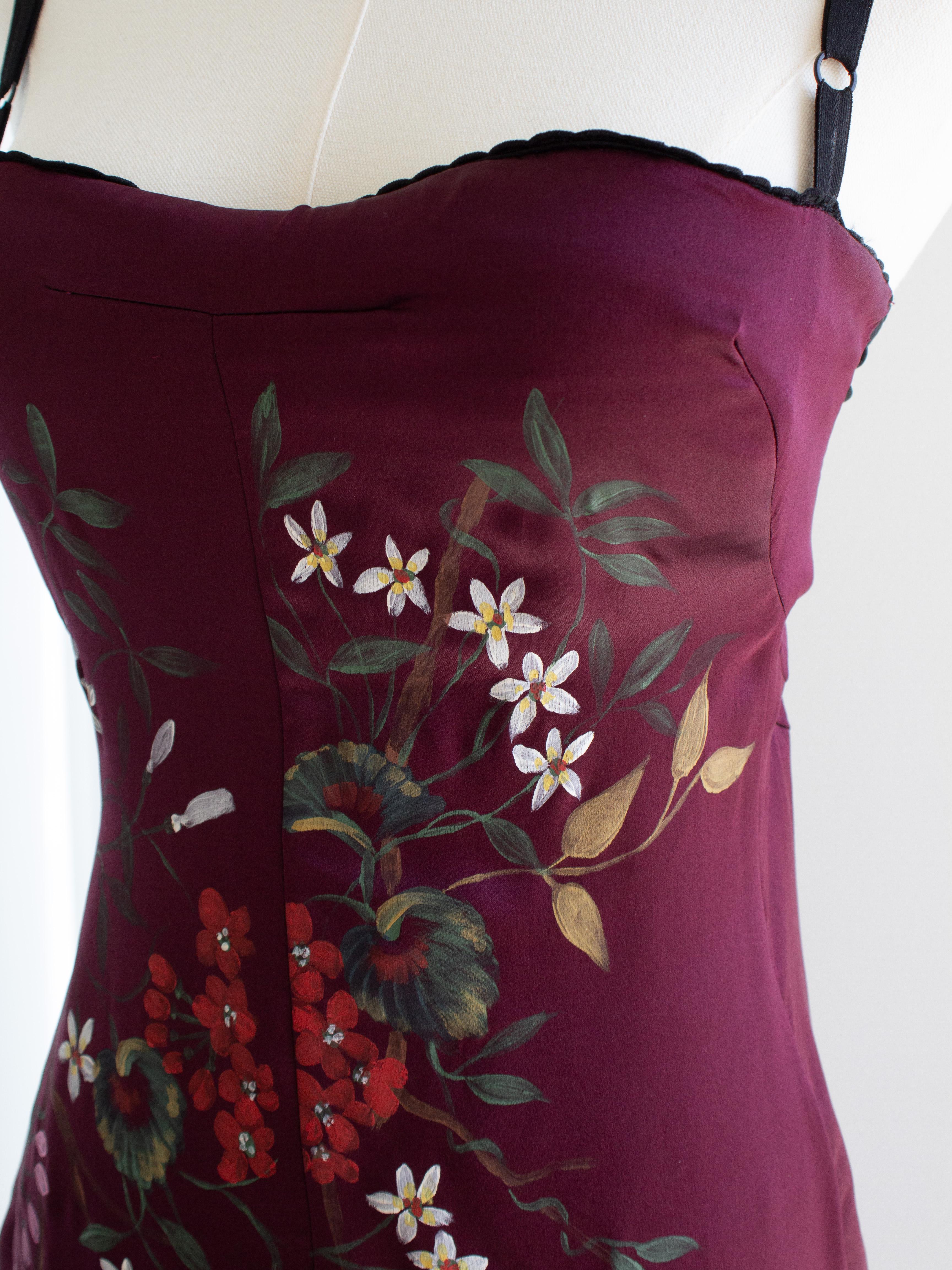 Dolce&Gabbana F/W 1998 Handpainted Burgundy Fringe Floral Silk Dress 4