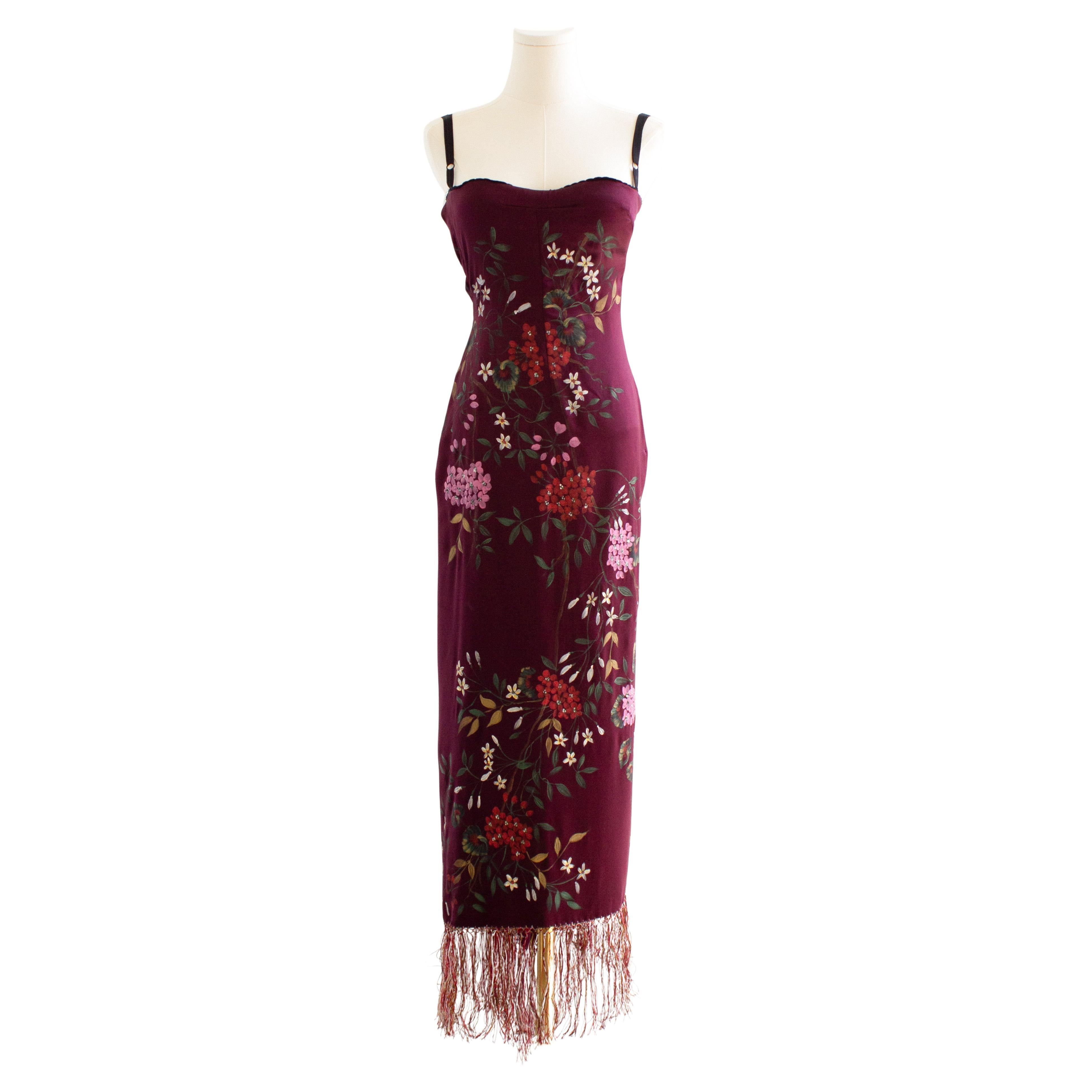 Dolce&Gabbana F/W 1998 Handpainted Burgundy Fringe Floral Silk Dress