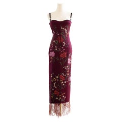 Dolce&Gabbana F/W 1998 - Robe en soie à franges et fleurs bourgognes peinte à la main