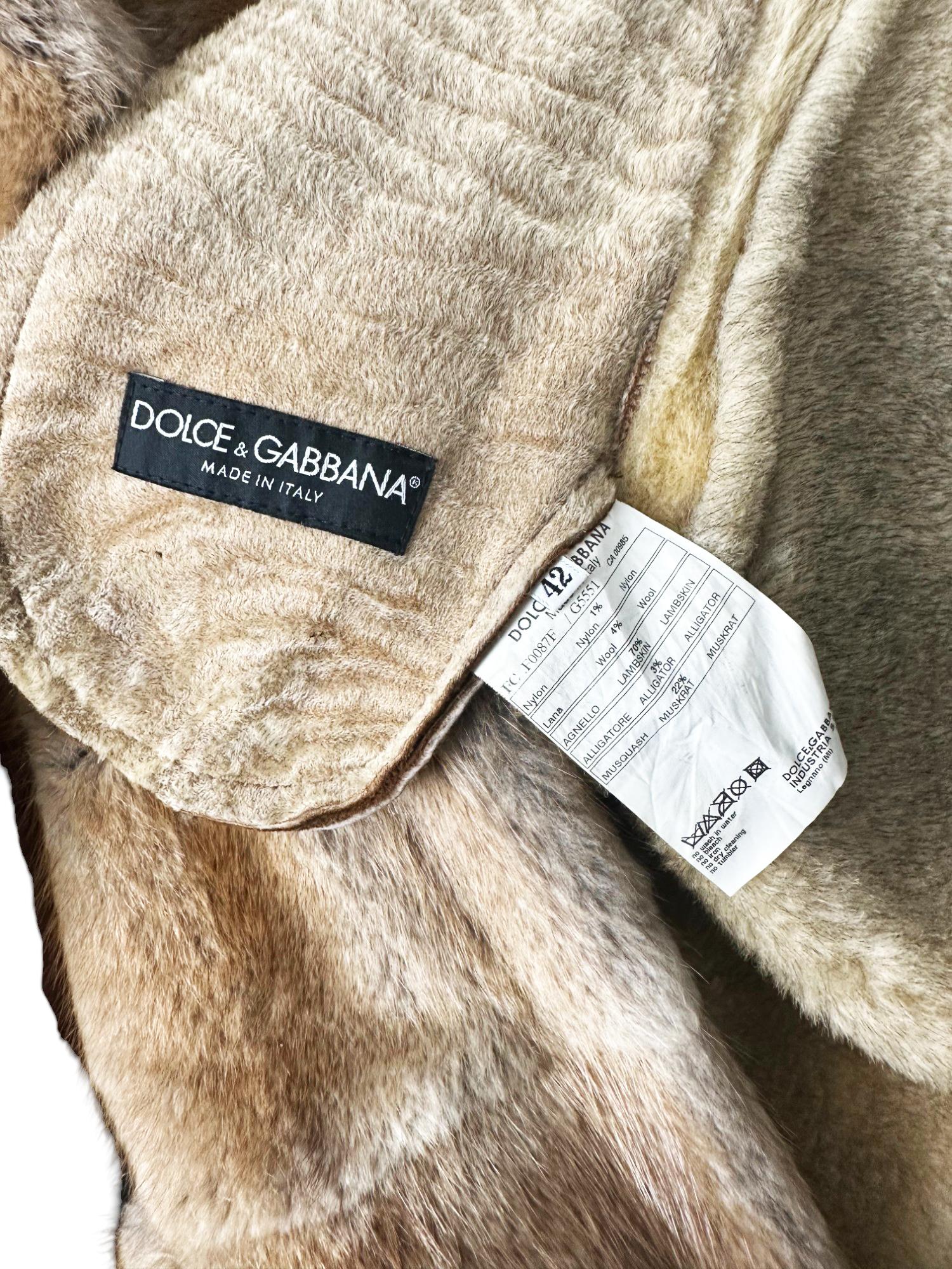 Dolce&Gabbana F/W 2005 Brown Lambskin Crocodile Leather Fur Coat en venta 15