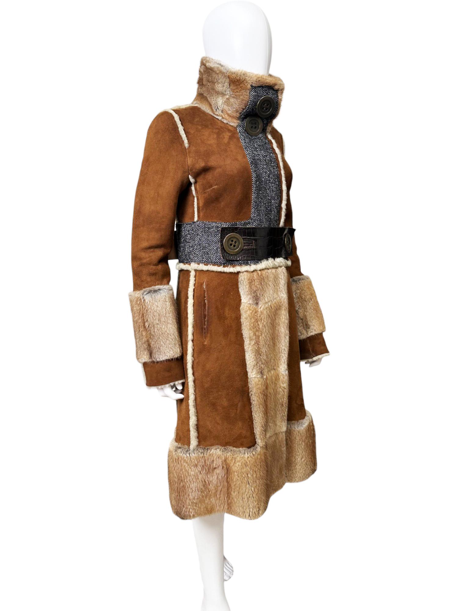 Dolce&Gabbana F/W 2005 Brown Lambskin Crocodile Leather Fur Coat en Excelente estado para la venta en Caserta, IT