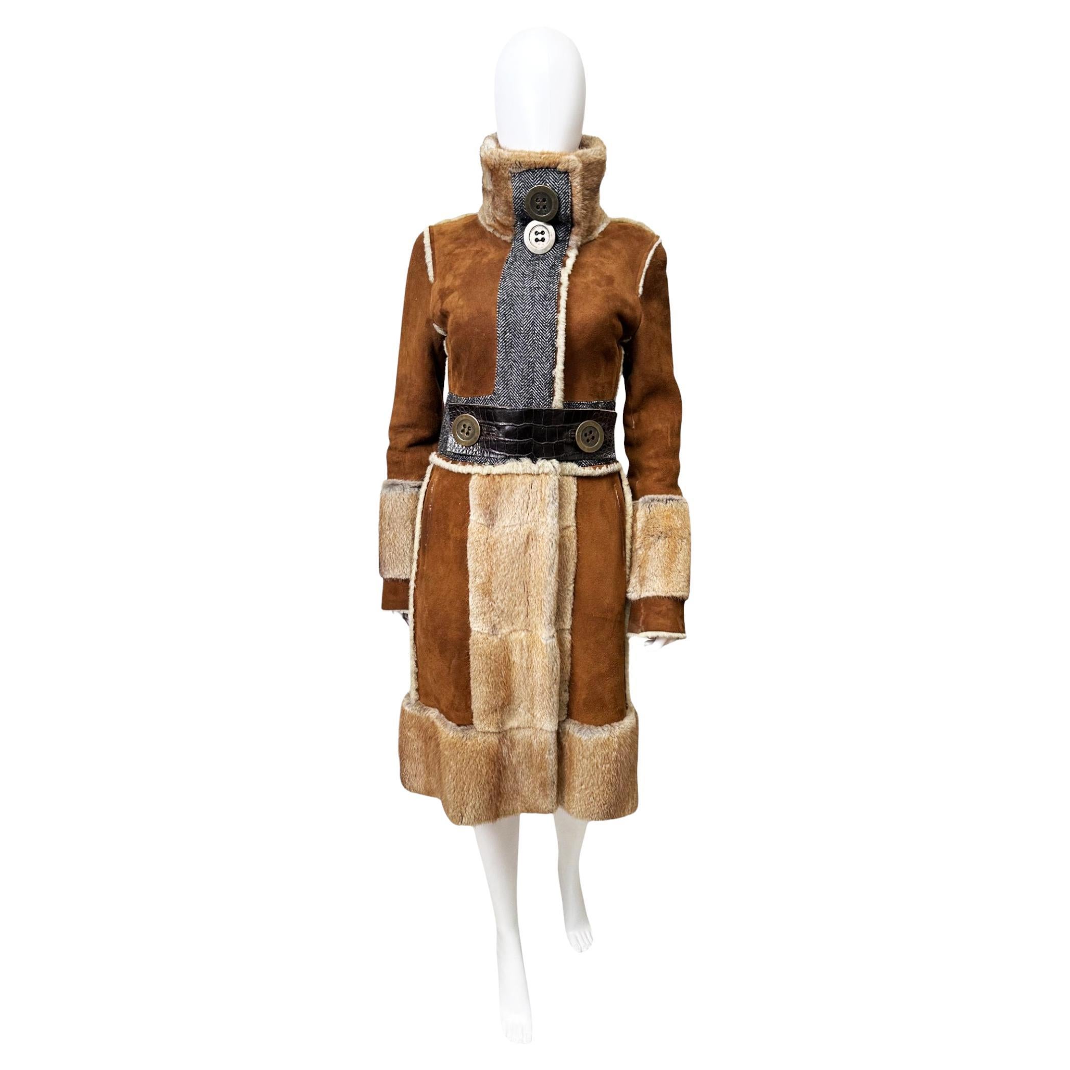 Dolce&Gabbana F/W 2005 Brown Lambskin Crocodile Leather Fur Coat
