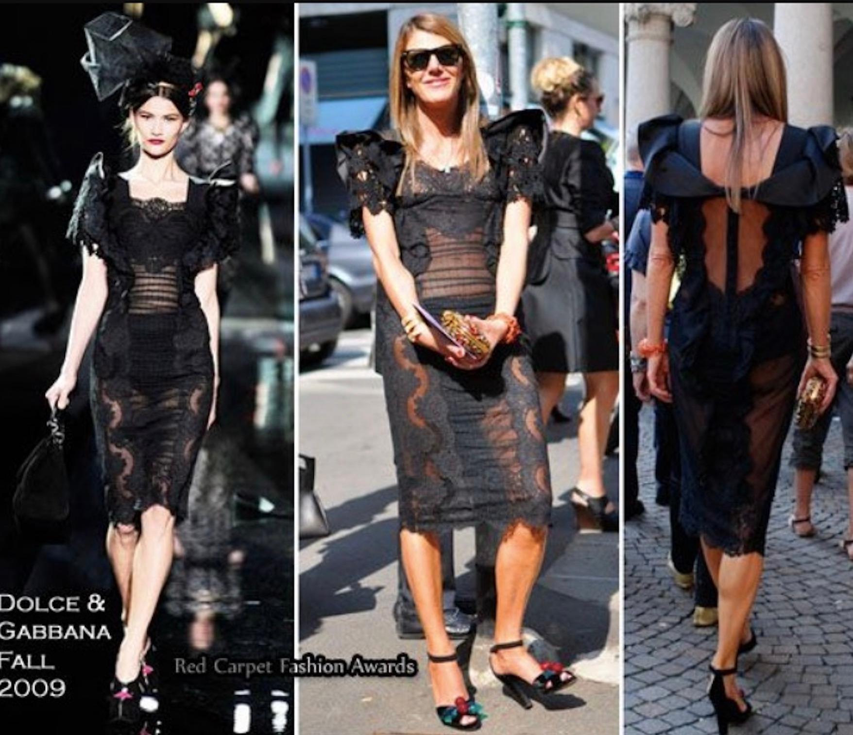 This Dolce & Gabbana Fall/Winter 2009 black lace midi dress is an elegant, form-fitting piece with intricate floral lace details.  Seen on style icons like Anna Dello Russo, Eva Herzigova, Julia Restoin-Roitfeld, and Ulyana Sergeenko, and featured