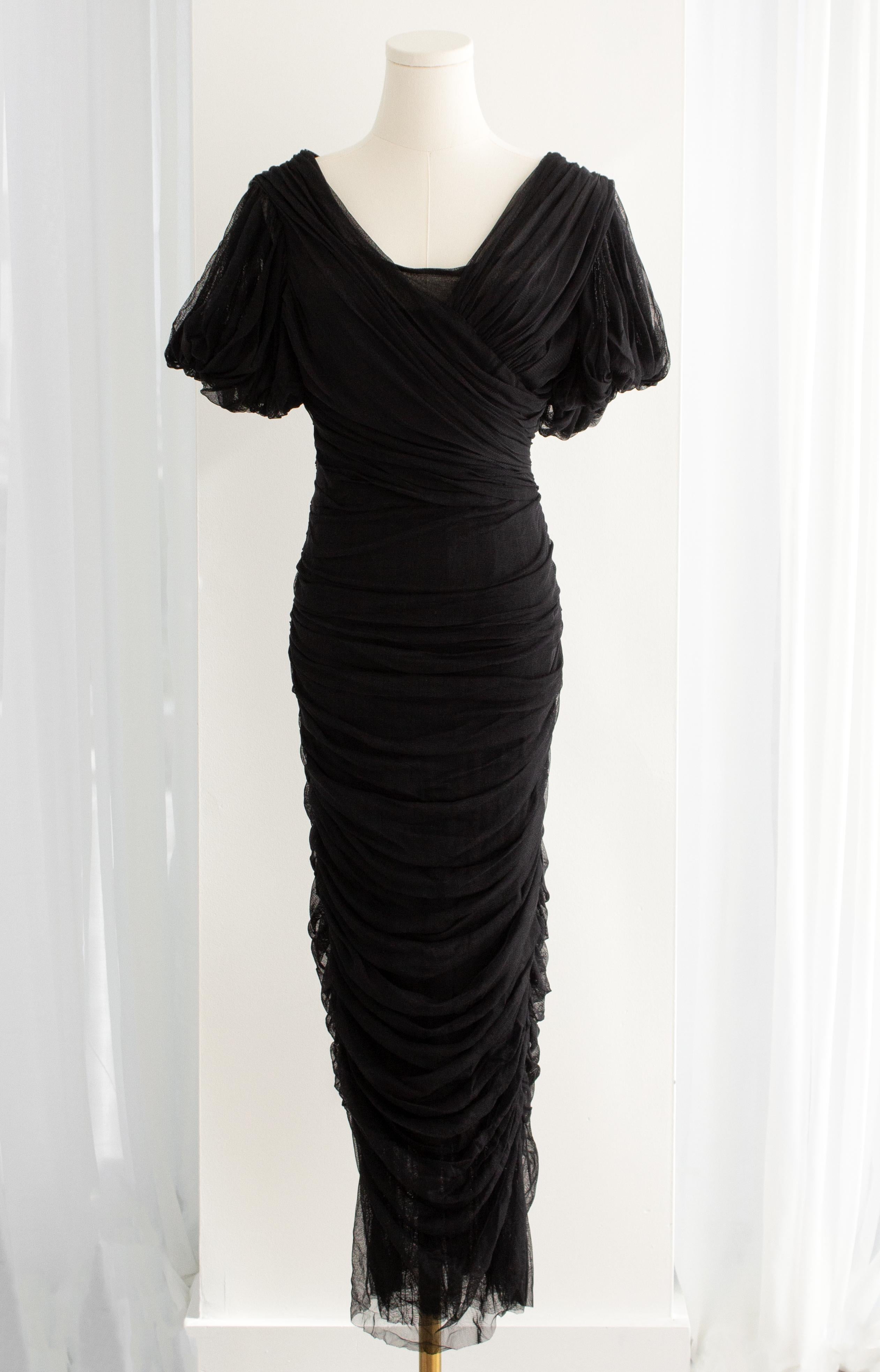Dolce&Gabbana F/W 2014 Black Tulle Ruched Puff Sleeve Midi Dress 1