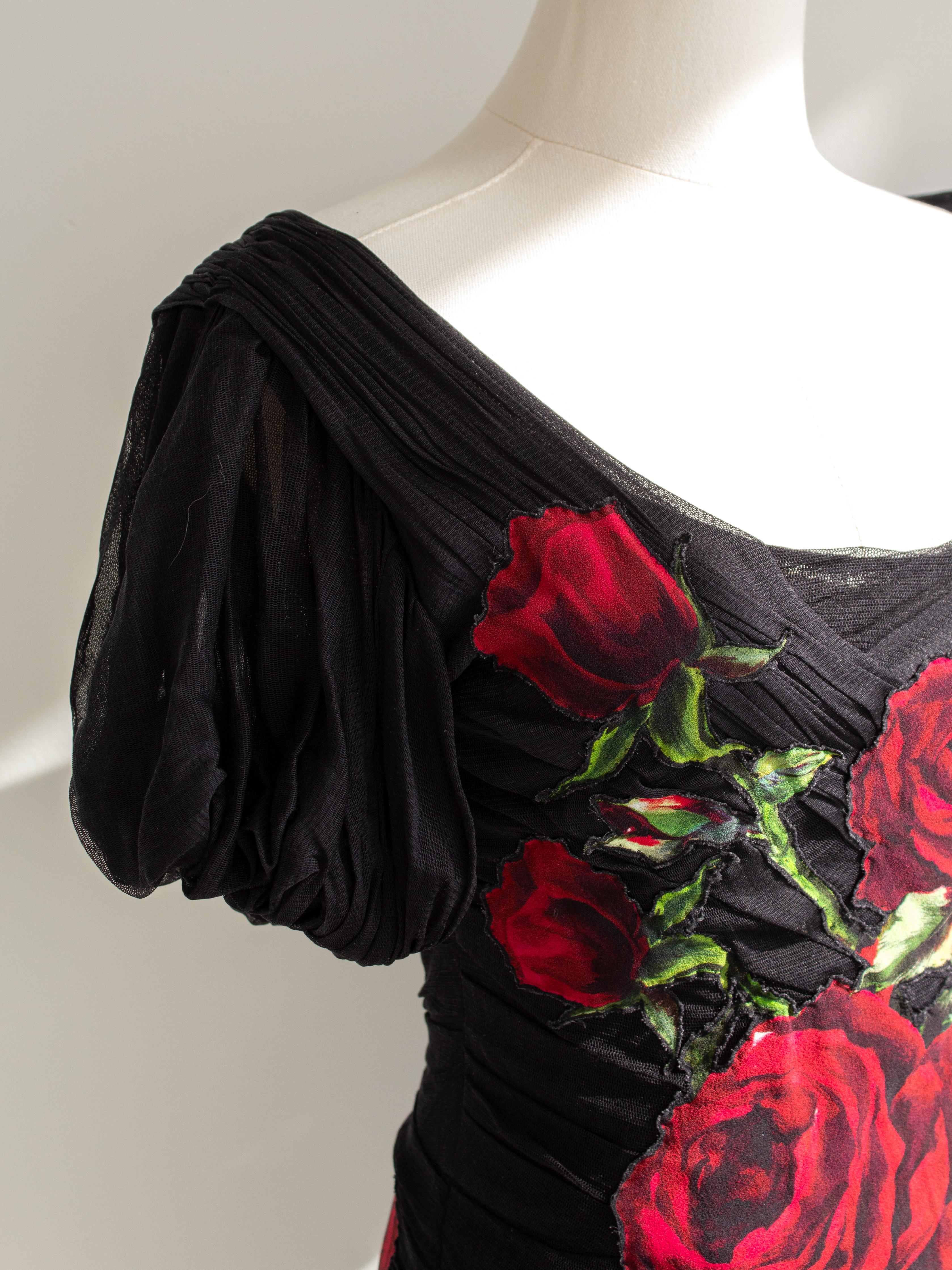 Dolce&Gabbana F/W 2015 Black Red Rose Embroidered Tulle Ruched Gown Dress 6