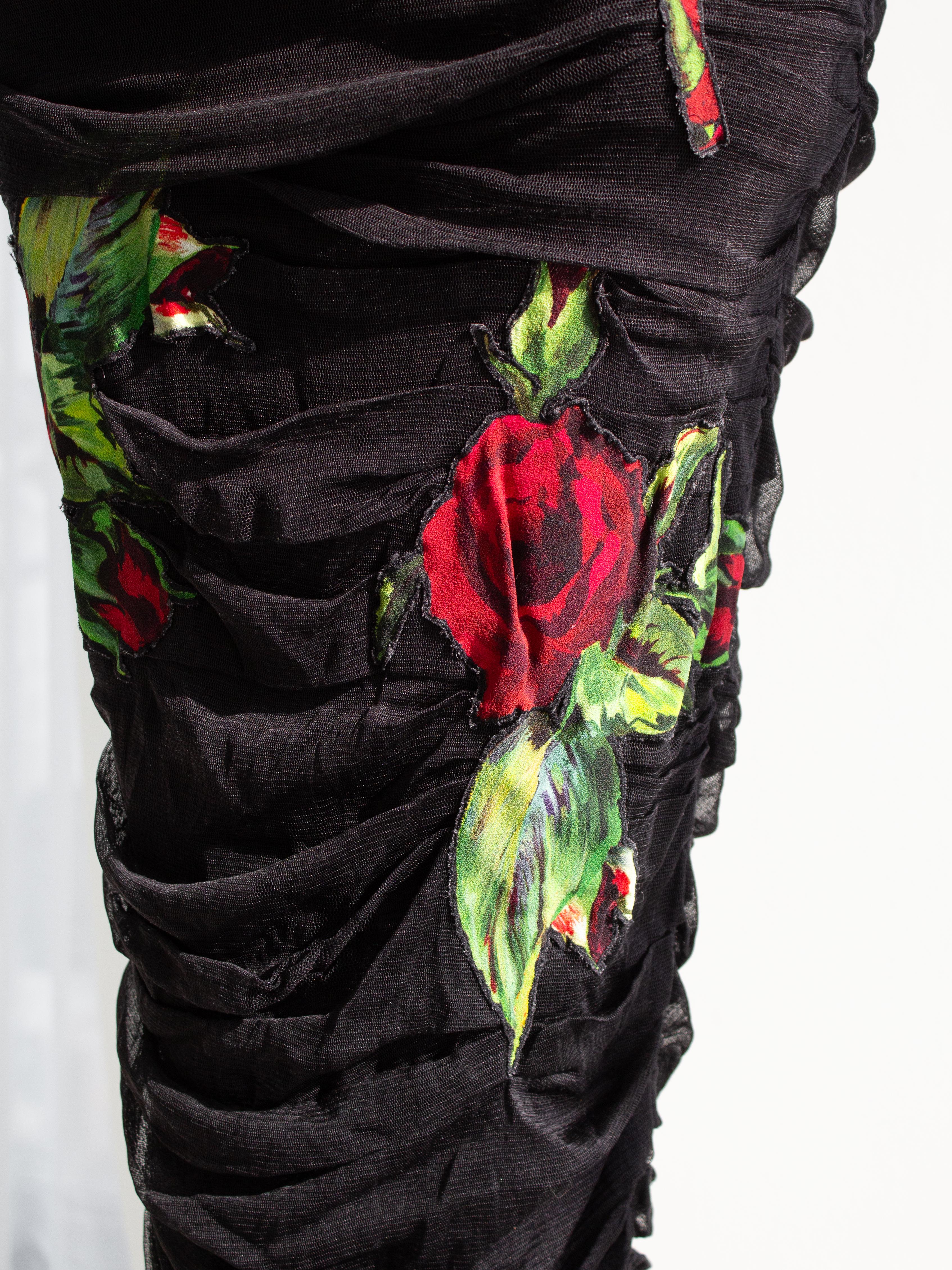 Dolce&Gabbana F/W 2015 Black Red Rose Embroidered Tulle Ruched Gown Dress 7