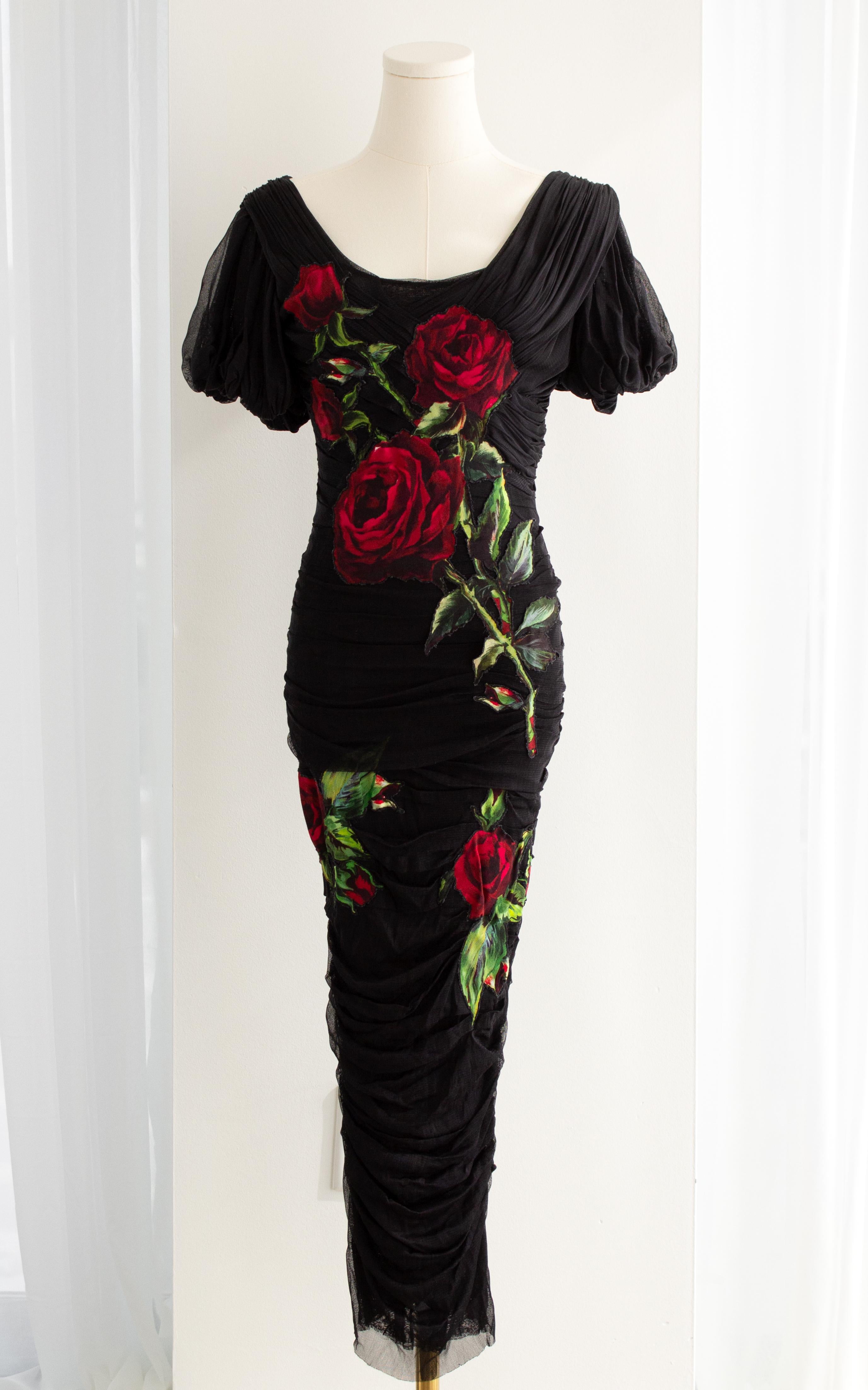 Women's Dolce&Gabbana F/W 2015 Black Red Rose Embroidered Tulle Ruched Gown Dress