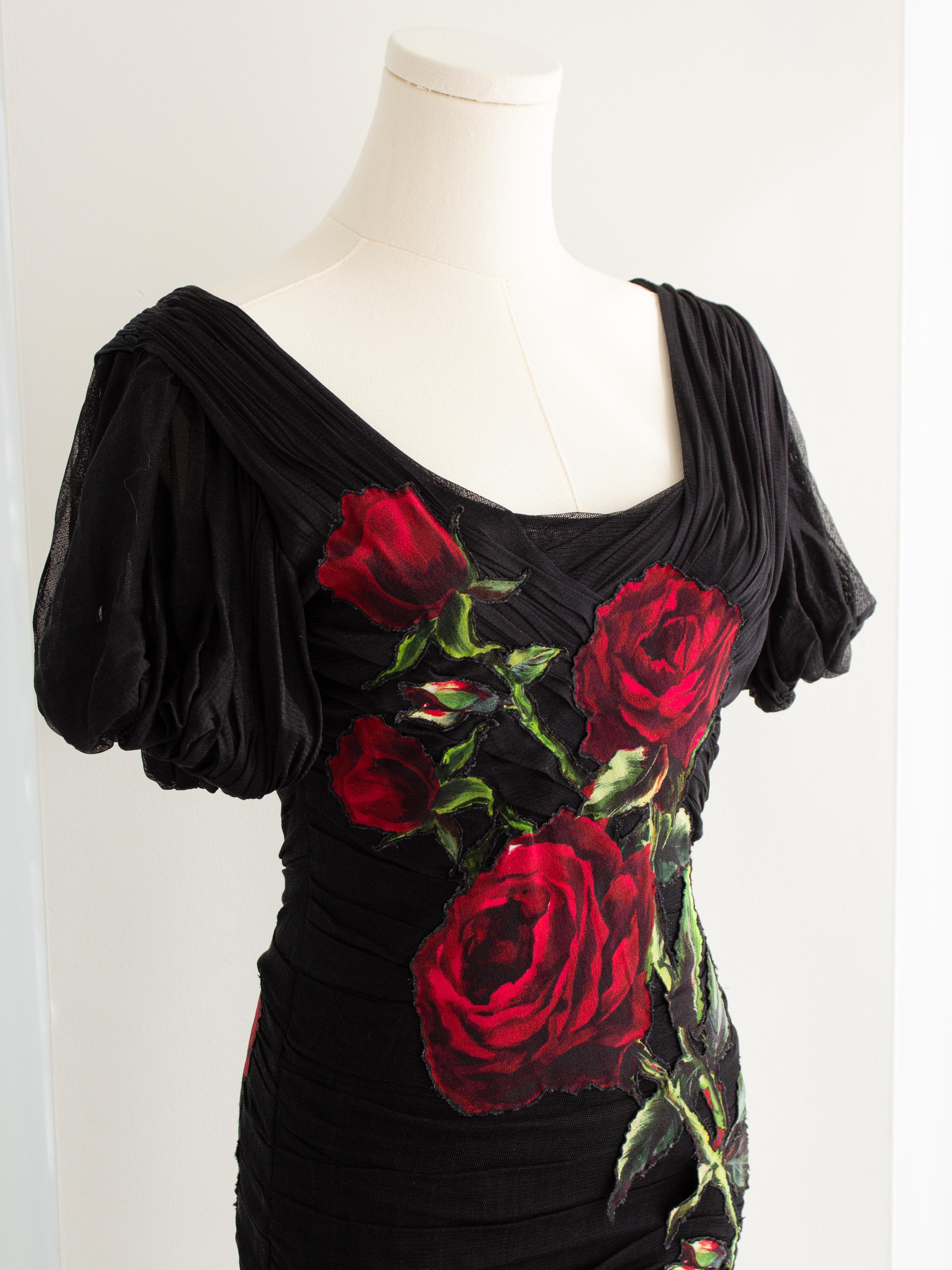 Dolce&Gabbana F/W 2015 Black Red Rose Embroidered Tulle Ruched Gown Dress 1