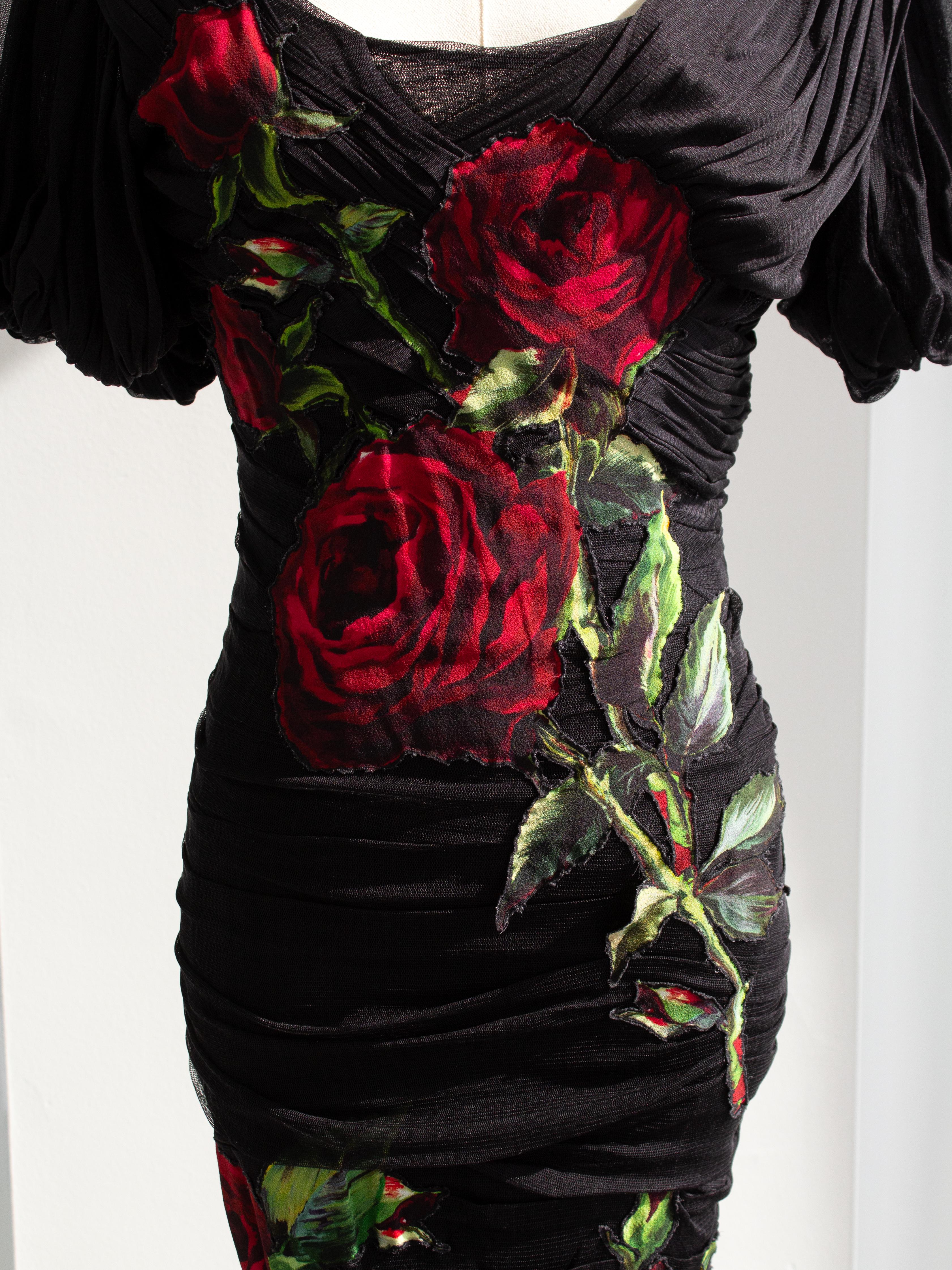 Dolce&Gabbana F/W 2015 Black Red Rose Embroidered Tulle Ruched Gown Dress 2