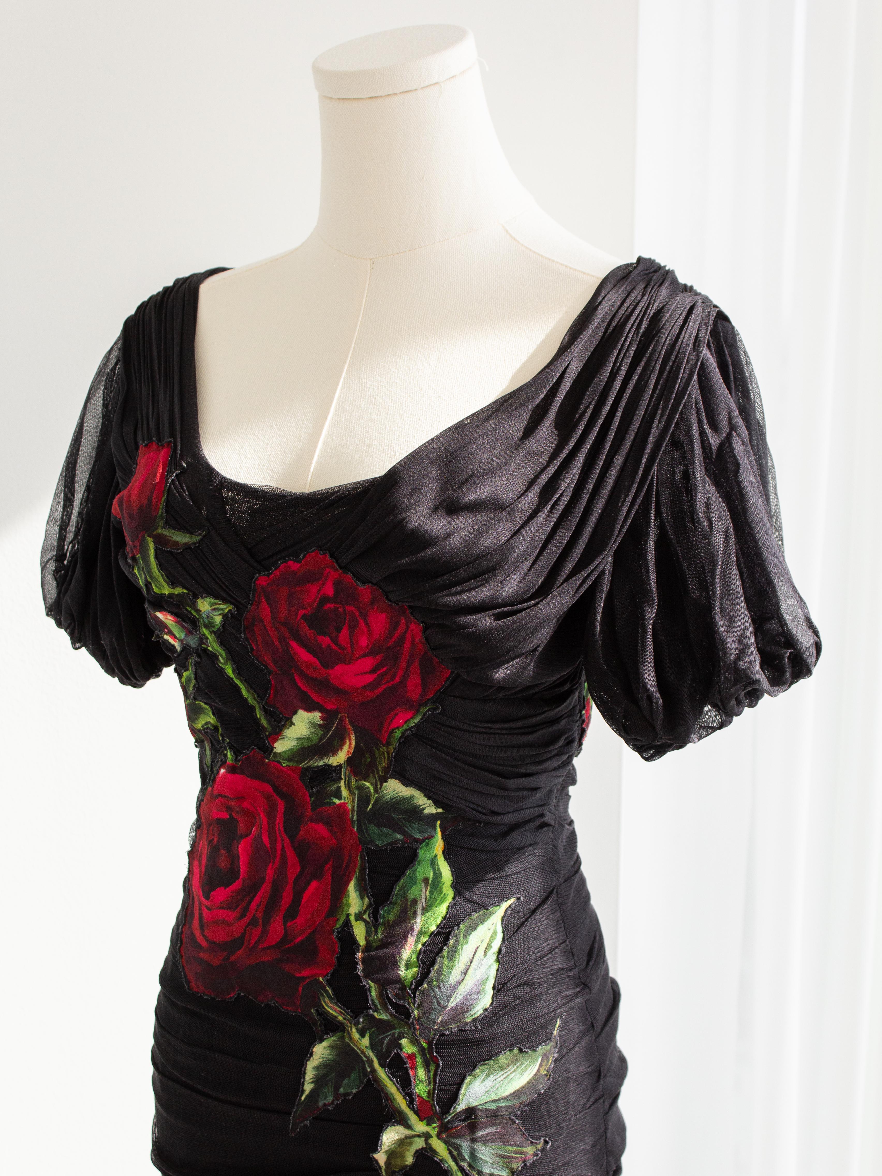 Dolce&Gabbana F/W 2015 Black Red Rose Embroidered Tulle Ruched Gown Dress 3