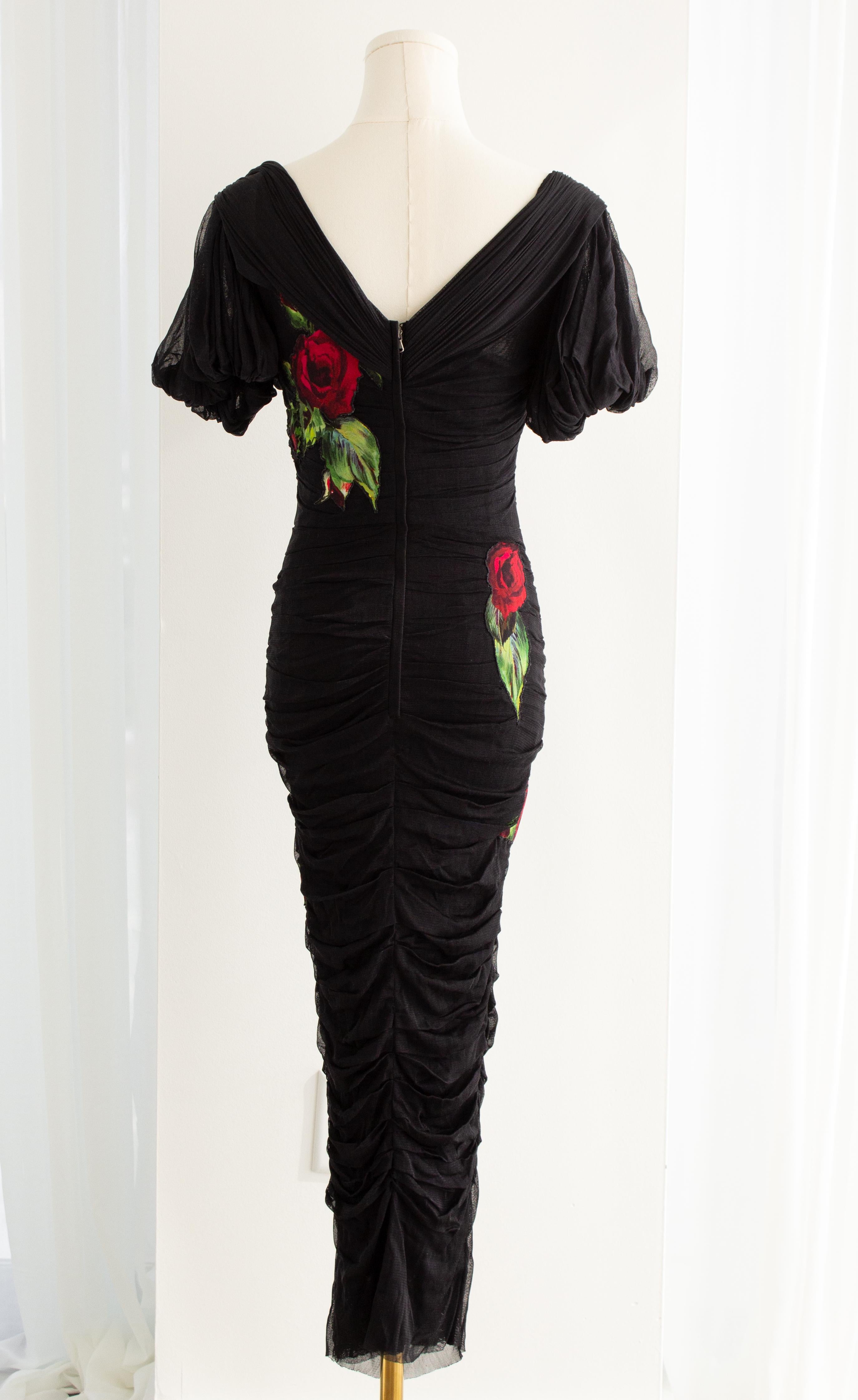 Dolce&Gabbana F/W 2015 Black Red Rose Embroidered Tulle Ruched Gown Dress 4