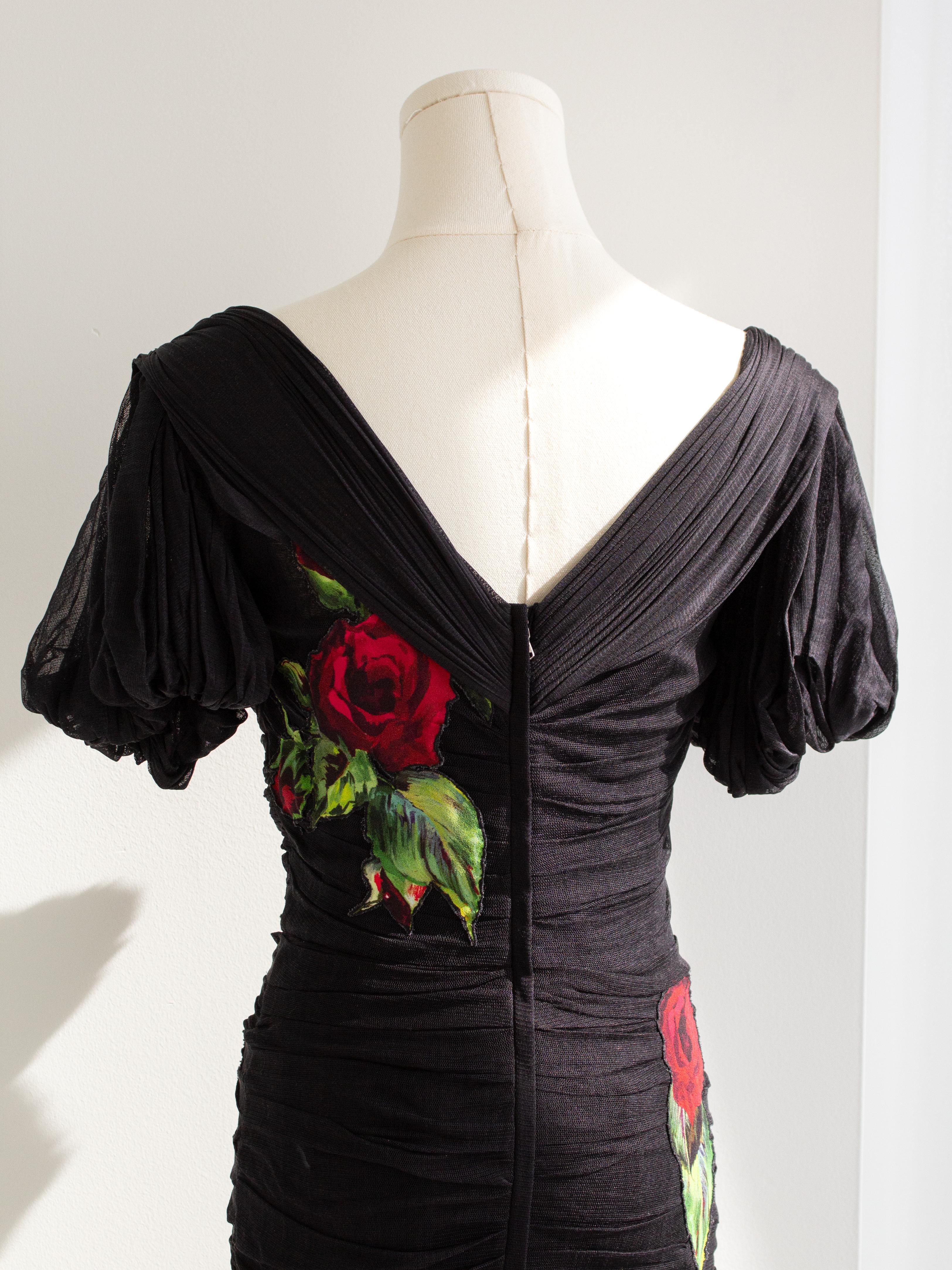 Dolce&Gabbana F/W 2015 Black Red Rose Embroidered Tulle Ruched Gown Dress 5