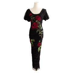 Dolce&Gabbana F/W 2015 Black Red Rose Embroidered Tulle Ruched Gown Dress