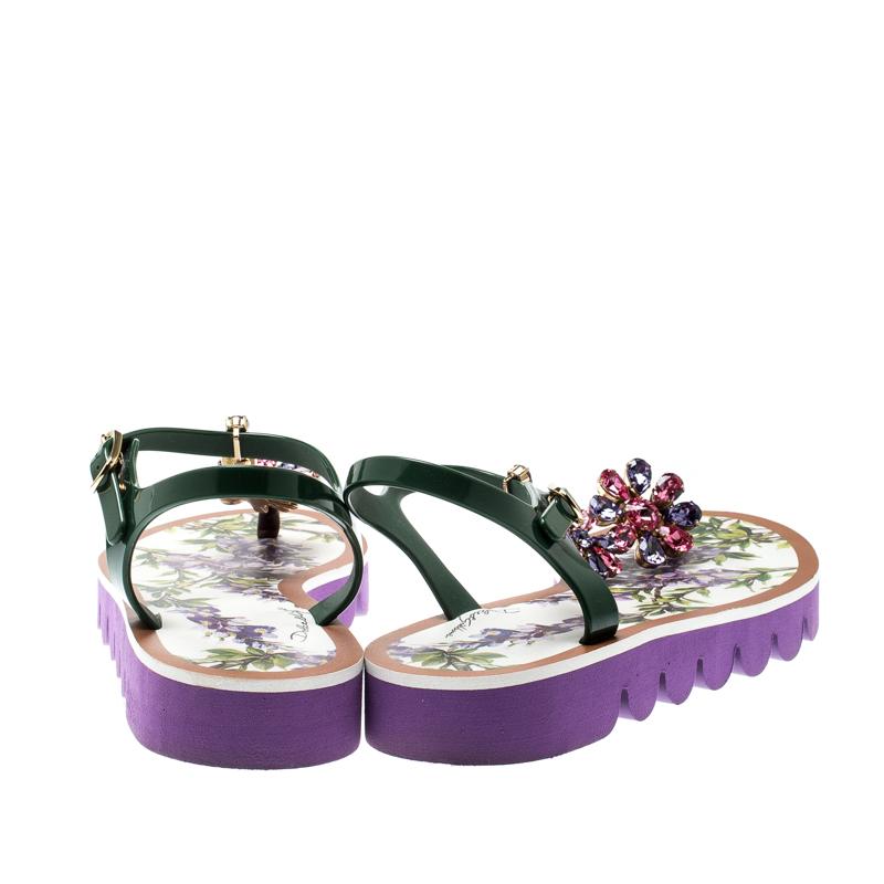 Gray Dolce&Gabbana Green Rubber Floral Print Crystal Embellished Flat Sandals Size 39