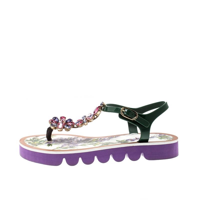 Dolce&Gabbana Green Rubber Floral Print Crystal Embellished Flat Sandals Size 39 1