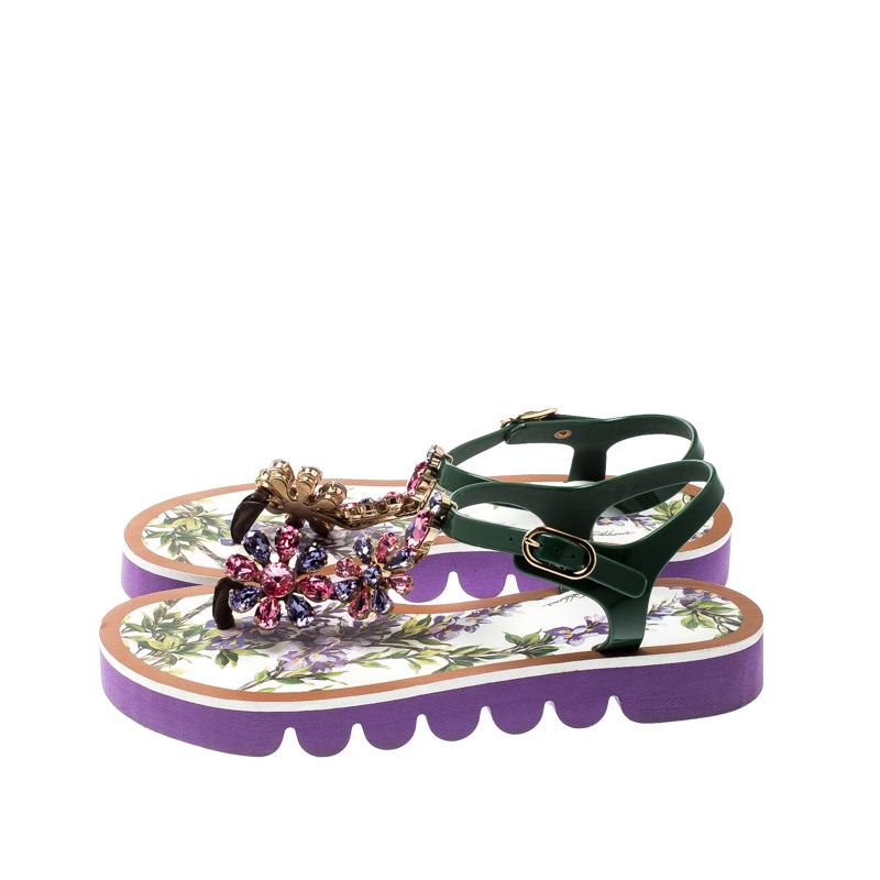 Dolce&Gabbana Green Rubber Floral Print Crystal Embellished Flat Sandals Size 39 2