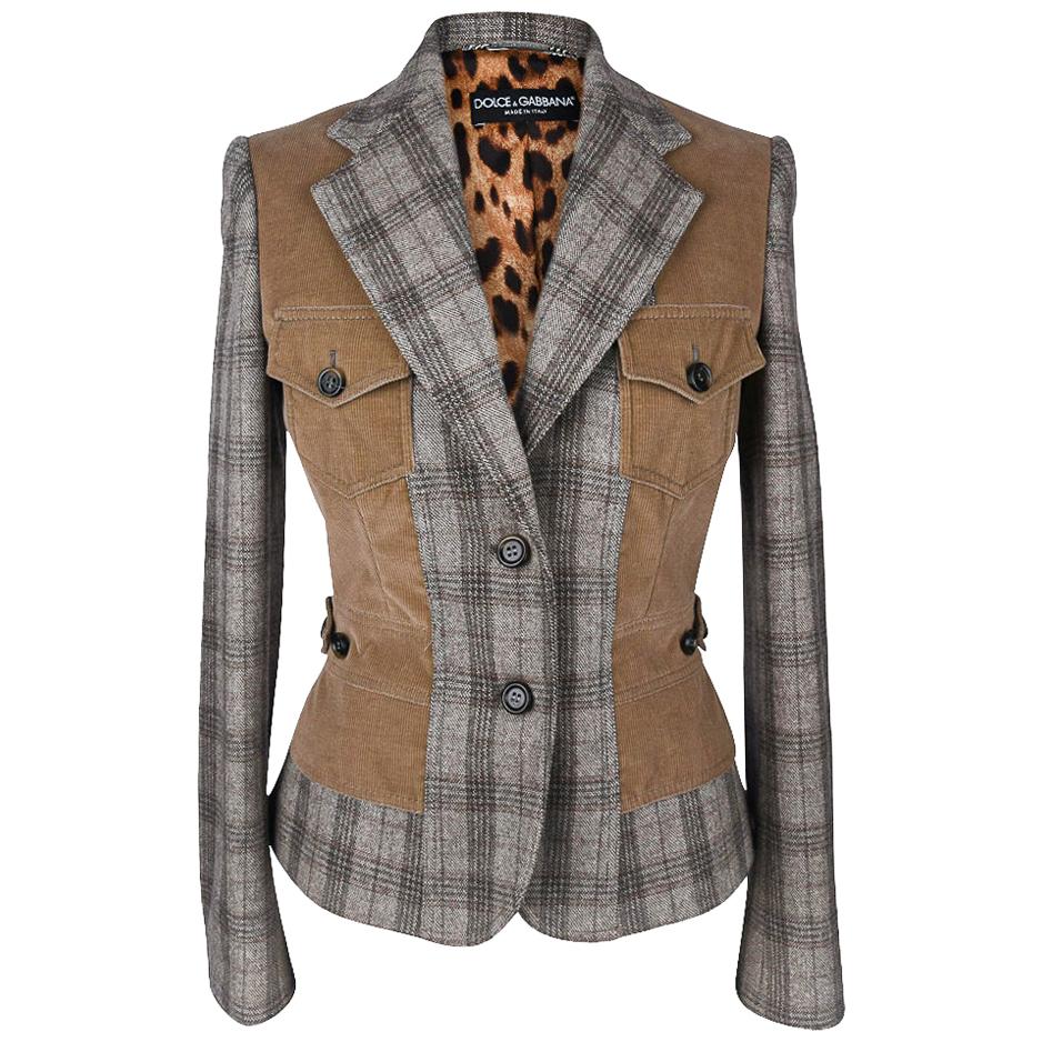 Dolce&Gabbana Jacket Gray Plaid w/ Corduroy Trim 42 / 6