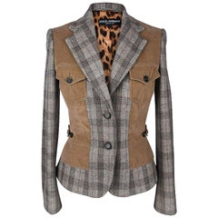 Dolce&Gabbana Jacket Gray Plaid w/ Corduroy Trim 42 / 6