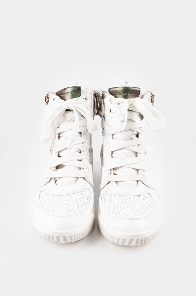 Item for sale is 100% genuine Dolce&Gabbana Mainline Leather Hi-Top Sneakers, S068
Color: White
(An actual color may a bit vary due to individual computer screen interpretation)
Material: Leather
Tag size: UK9, EUR43, USA 9 1/2 
These shoes are