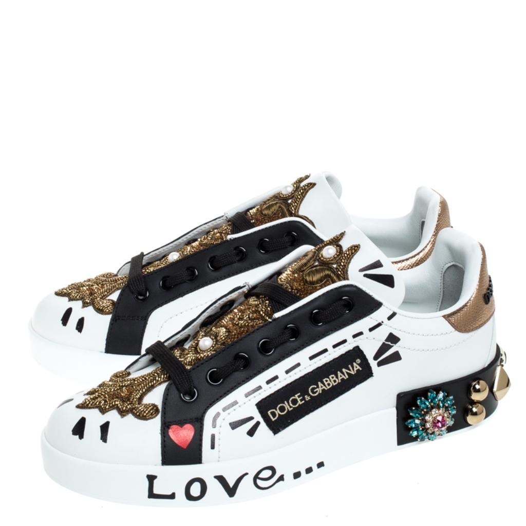 Dolce&Gabbana Multicolor Leather Portofino Embellished Low Top Sneaker Size 37.5 In New Condition In Dubai, Al Qouz 2
