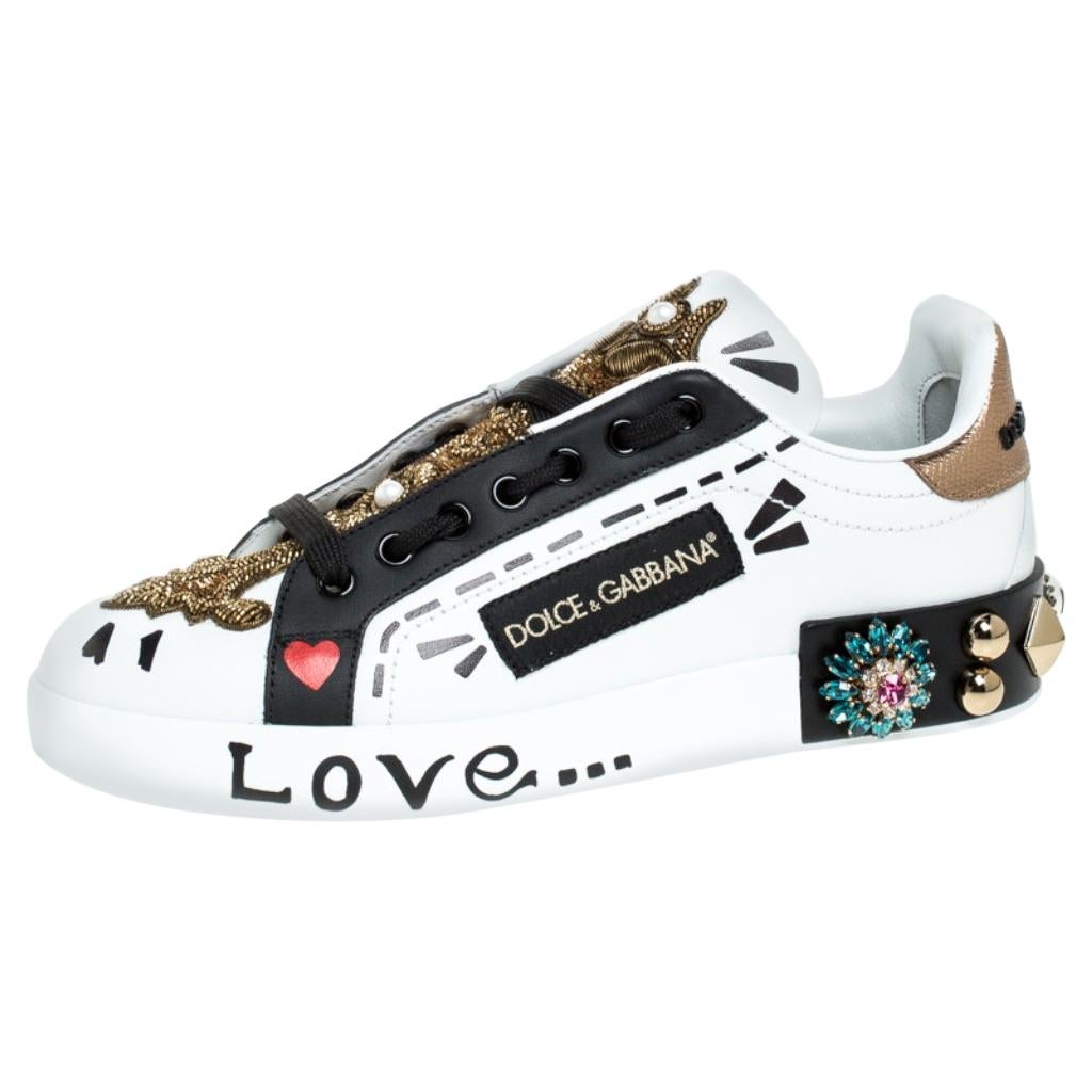 Dolce&Gabbana Multicolor Leather Portofino Embellished Low Top Sneaker Size 37.5