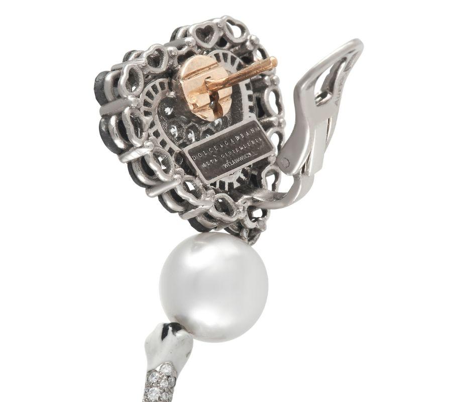 Round Cut Dolce&Gabbana Panthere 18K White Gold 22.00 Ct Diamond and Pearl Earrings