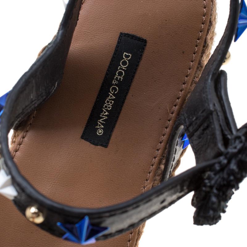 Dolce&Gabbana Raffia & Black Leather Embellished Anchor Espadrille Sandals 36 1