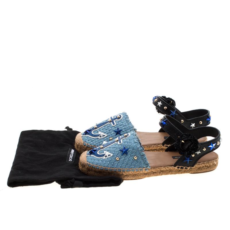 Dolce&Gabbana Raffia & Black Leather Embellished Anchor Espadrille Sandals 36 4