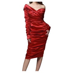 DOLCE&GABBANA RED RUCHED V-NECK MIDI DRESS Sz EU 42