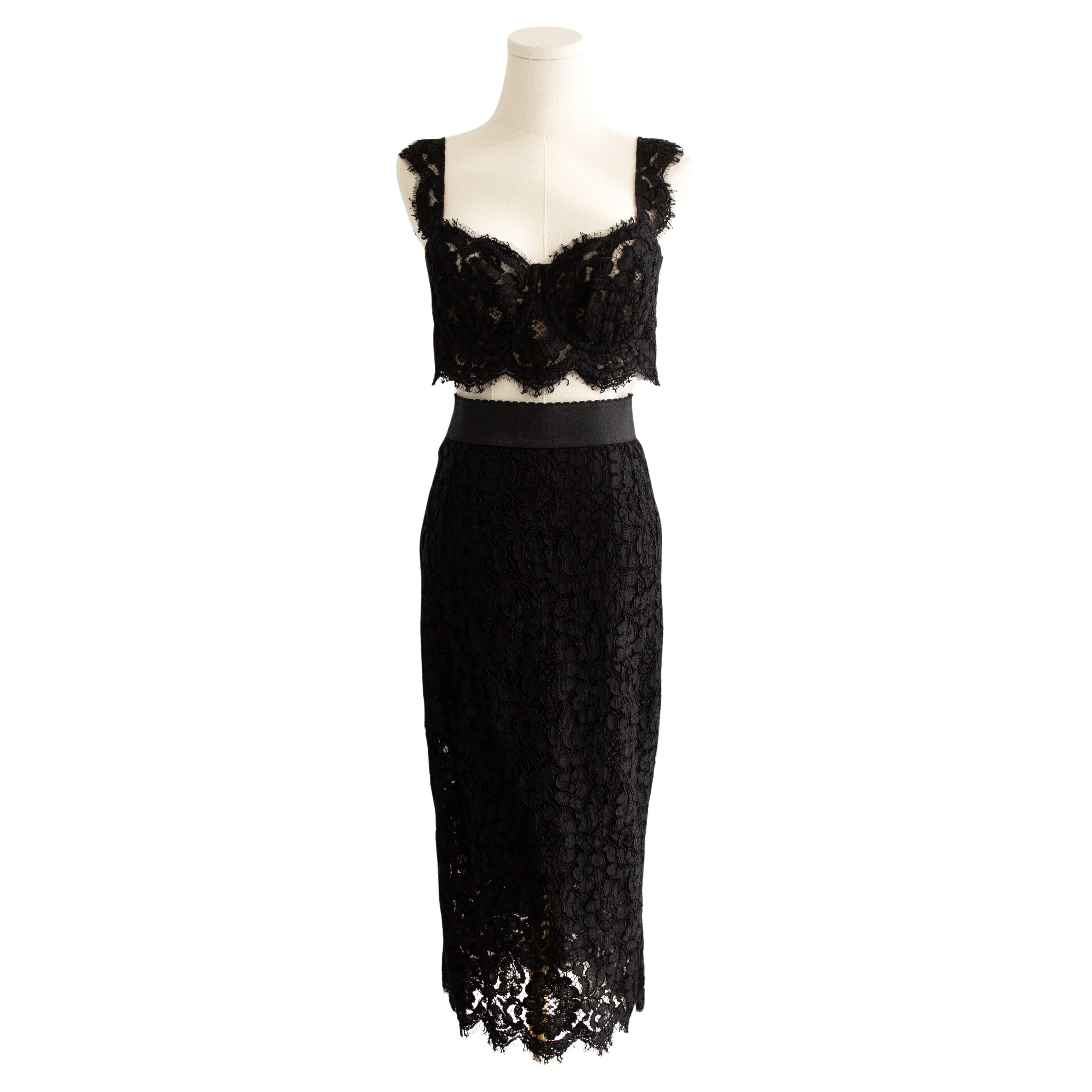 Dolce & Gabbana P/E 2016 Nero Cordonetto Pizzo Bustier Crop Top Midi Gonna Set in vendita