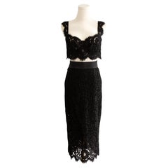 Dolce&Gabbana S/S 2016 Negro Cordonetto Encaje Bustier Crop Top Conjunto Falda Midi