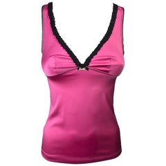 DOLCE&GABBANA – Sexy Pink Tank Top with Black Lace and Golden Monogram  Size S