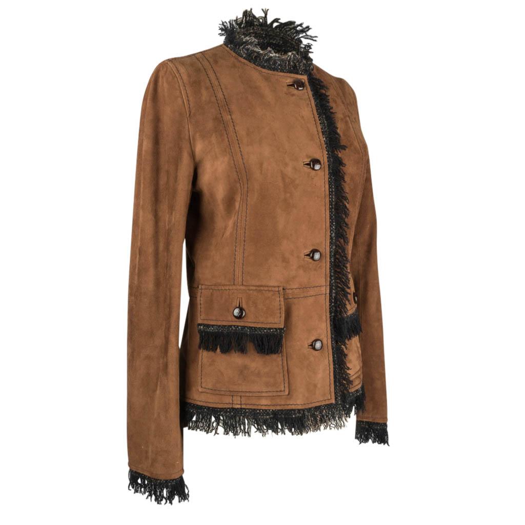 Dolce & Gabbana marvelous skirt set.
Four leather button single breasted medium brown suede jacket edged in tweed trim.
Accentuated with bold top stitch. 
Two flap patch pockets
Straight sleek matching tweed skirt has two small front vents.
Tweed is