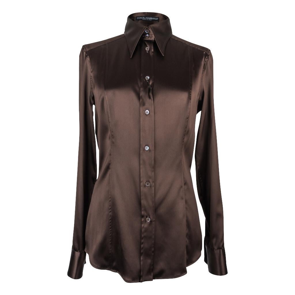Black Dolce&Gabbana Top Rich Brown Silk Stretch Shirt  44 fits 8 nwt